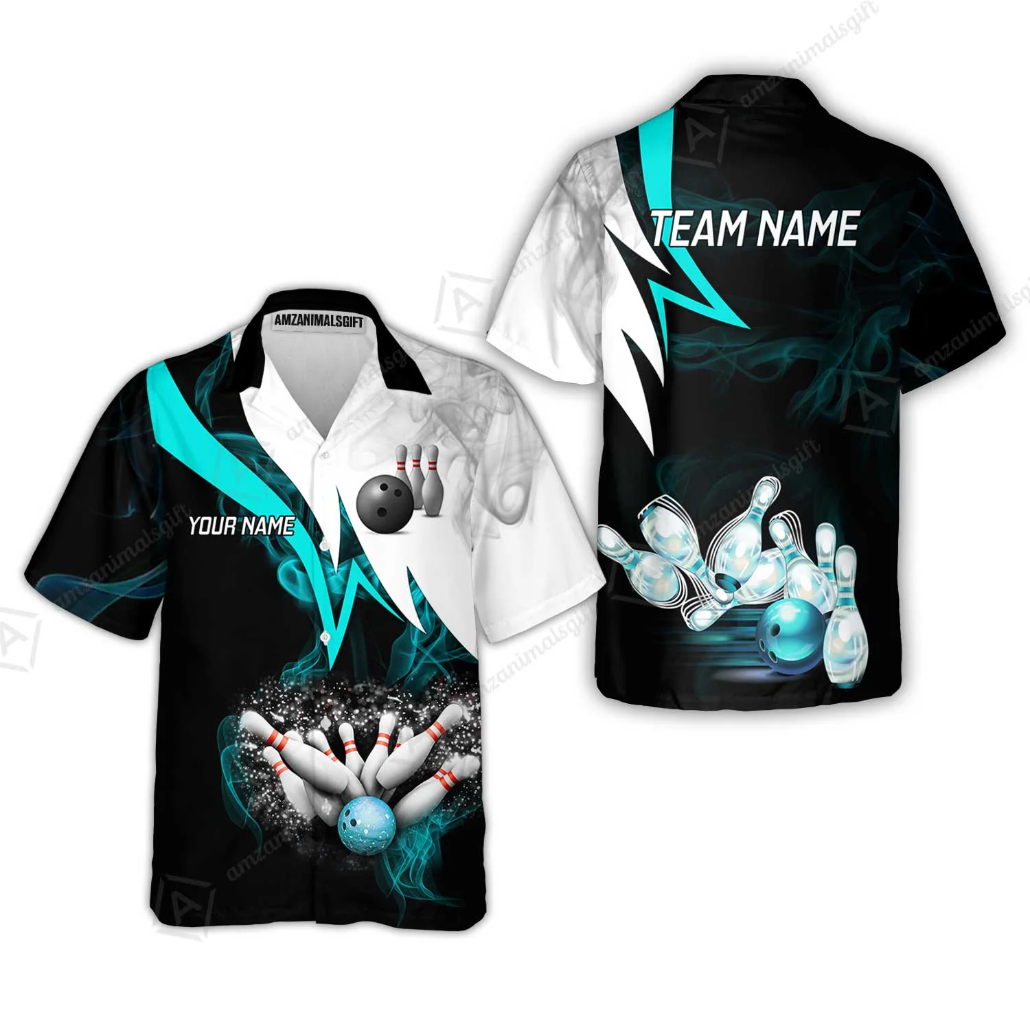 Customized Bowling Polo, Cyan Smoke Pattern Bowling And Pins Premium Customized Name And Team Name Jerseys Polo Shirts - Image 6