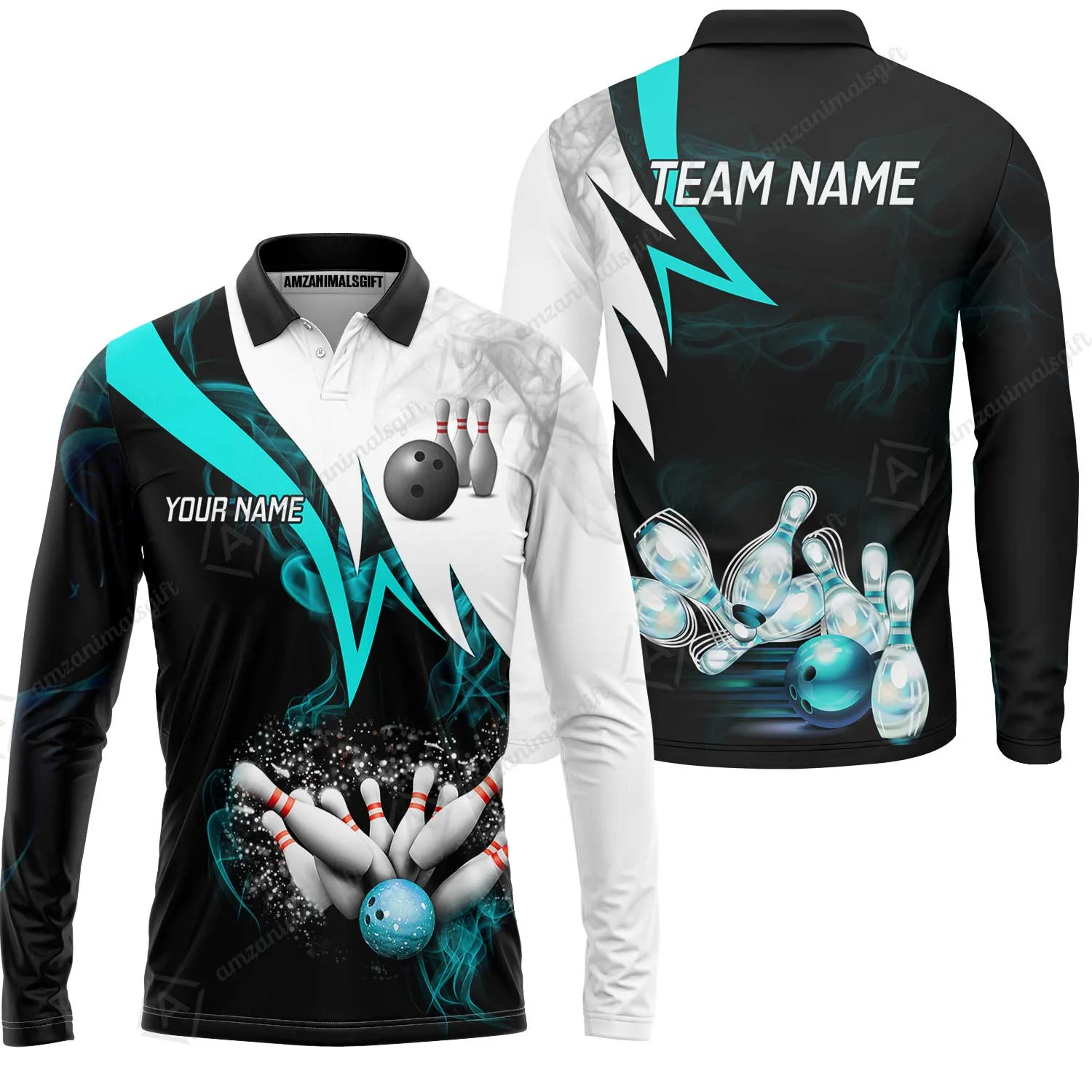 Customized Bowling Polo, Cyan Smoke Pattern Bowling And Pins Premium Customized Name And Team Name Jerseys Polo Shirts - Image 7