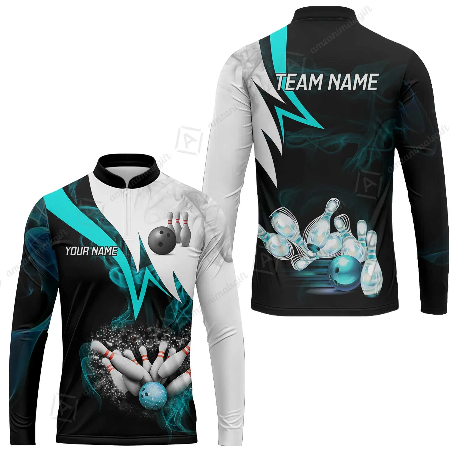 Customized Bowling Polo, Cyan Smoke Pattern Bowling And Pins Premium Customized Name And Team Name Jerseys Polo Shirts - Image 8