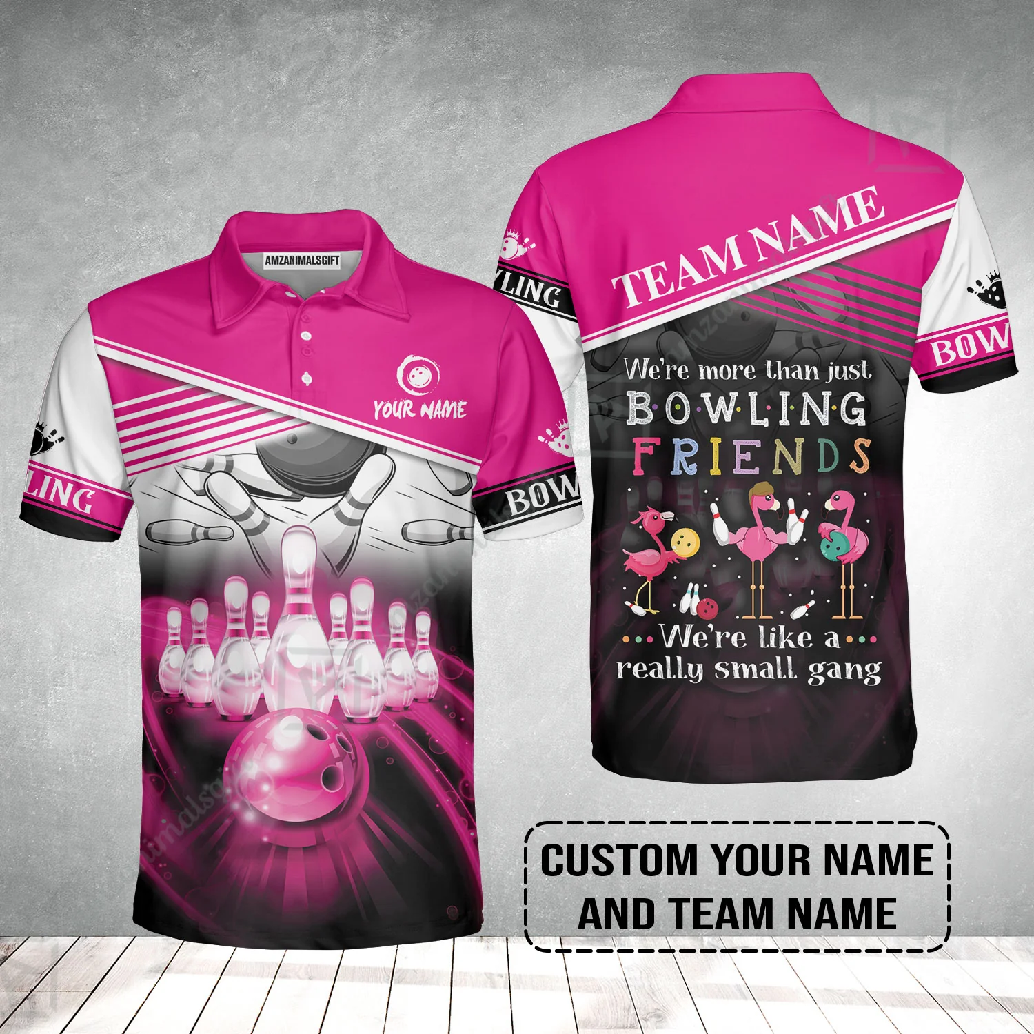 Customized Bowling Polo Shirt, Flamingo Personalized Bowling Team We're Like A Really Small Gang Bowling Polo Shirt - Image 2