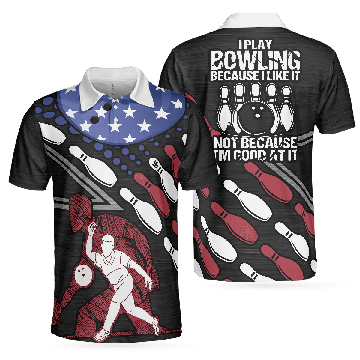 Customized Bowling Polo Shirt - I Play Bowling Because I Like It , American Flag Bowling Team Jersey Polo Shirts - Bowling Team Uniforms Jerseys - Image 2