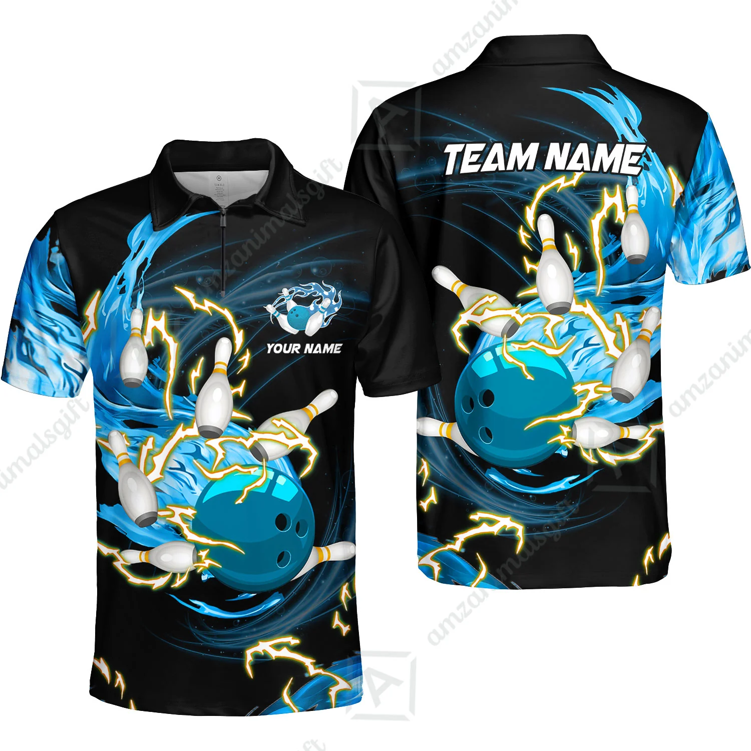 Customized Bowling Quarter-Zip Polo Shirts, Bowling Ball & Pins Breath Of Thunder Flame Multicolor Option, Perfect Outfit For Bowlers - Image 3
