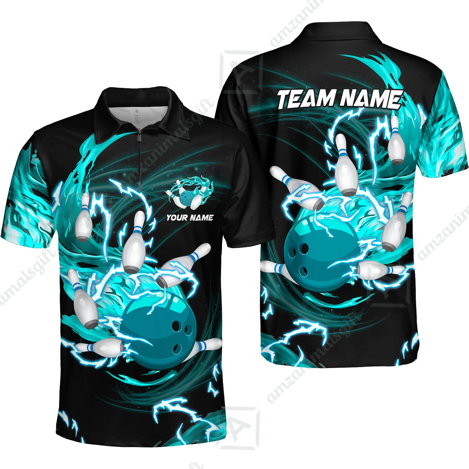 Customized Bowling Quarter-Zip Polo Shirts, Bowling Ball & Pins Breath Of Thunder Flame Multicolor Option, Perfect Outfit For Bowlers - Image 4