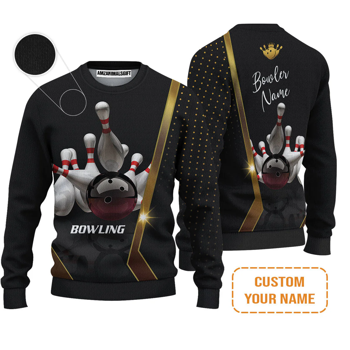 Customized Bowling Sweatshirt, Black And Golden Pattern Personalized Bowling Sweatshirt - Image 4