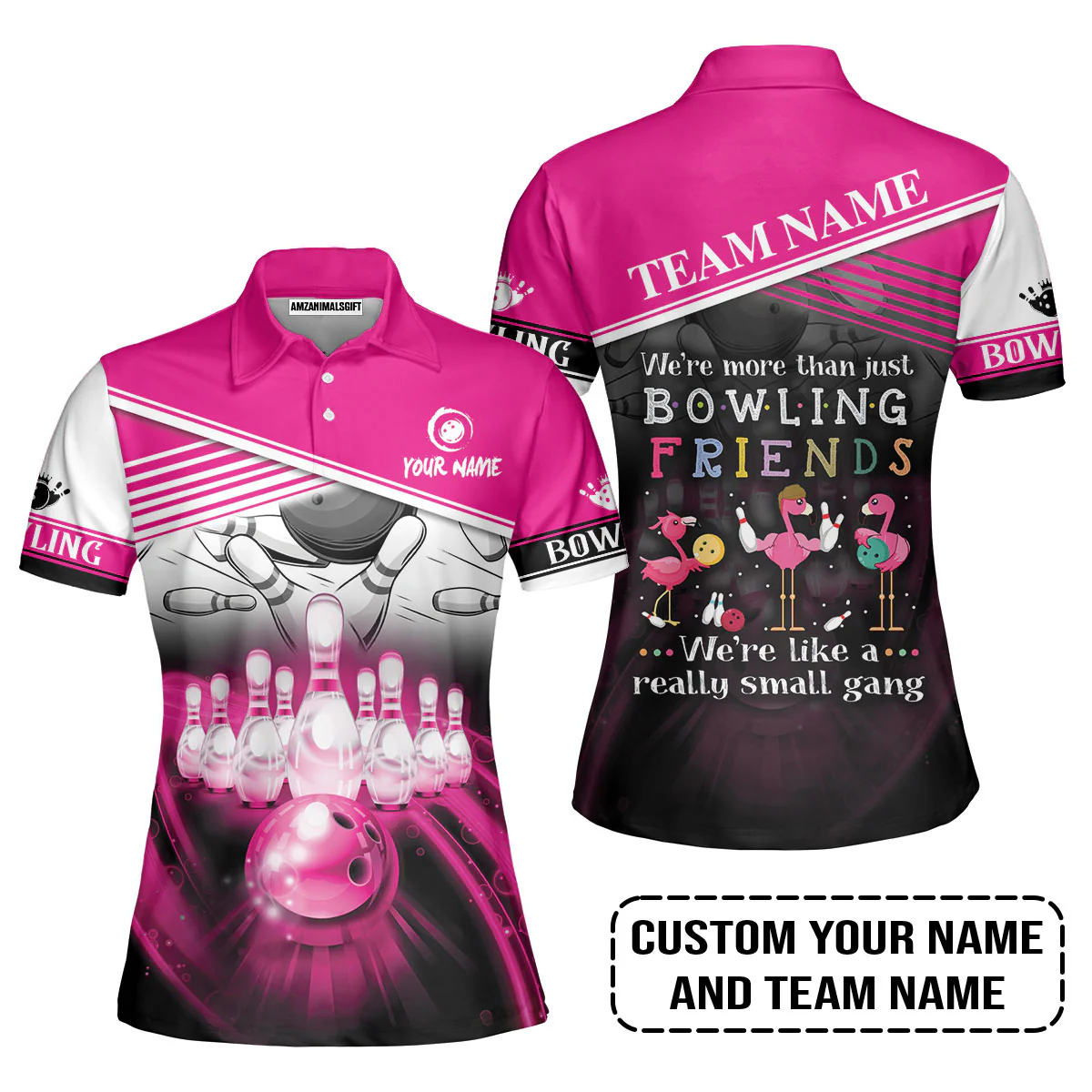 Customized Bowling T-Shirt, Flamingo Personalized Bowling Team We're Like A Really Small Gang Bowling T-Shirt - Image 4