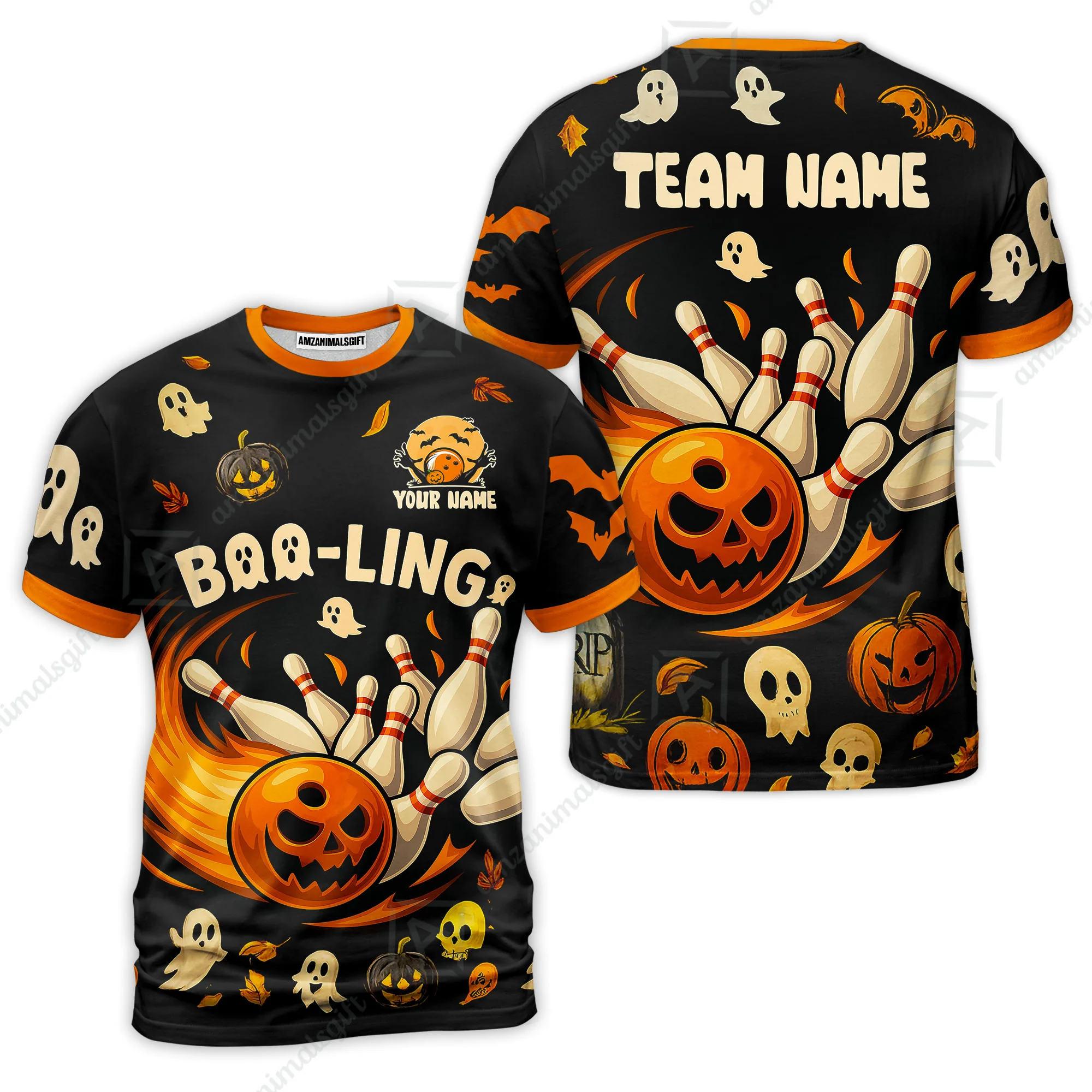 Customized Bowling Team Polo Jersey, Bowling Halloween Pumpkin Booling Style Uniform Shirt For Bowlers - Image 3