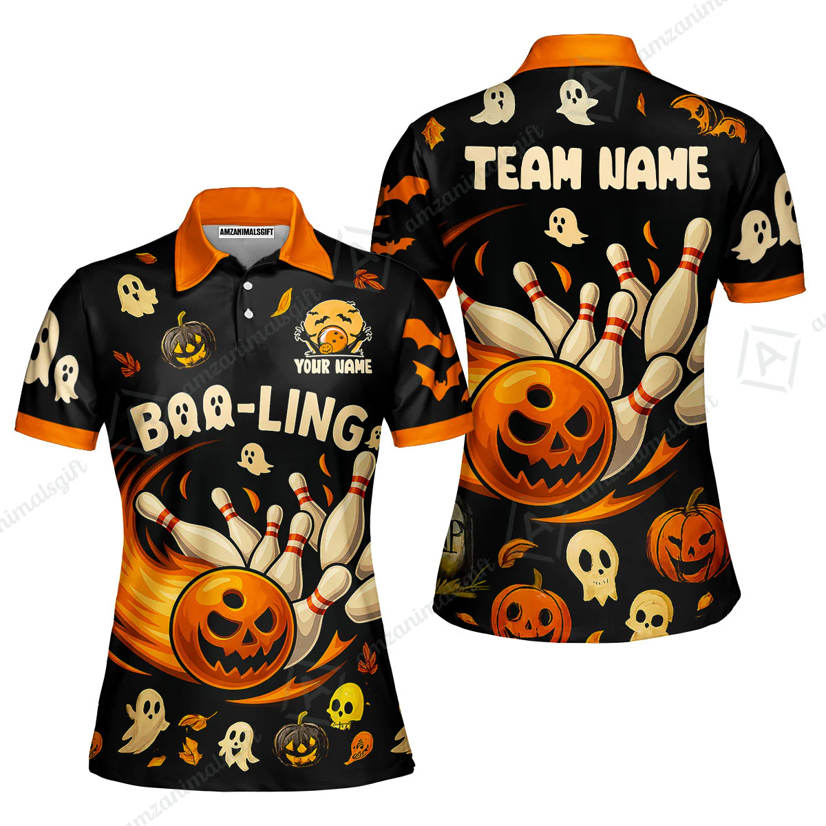 Customized Bowling Team Polo Jersey, Bowling Halloween Pumpkin Booling Style Uniform Shirt For Bowlers - Image 4
