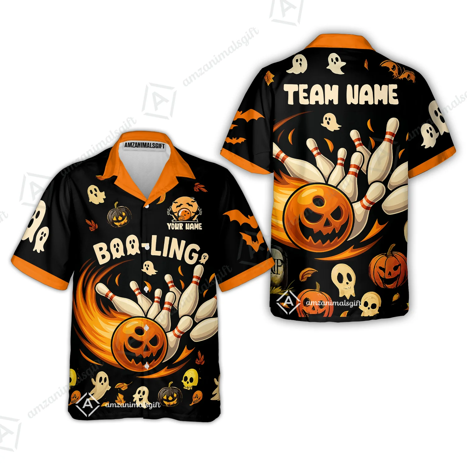 Customized Bowling Team Polo Jersey, Bowling Halloween Pumpkin Booling Style Uniform Shirt For Bowlers - Image 7