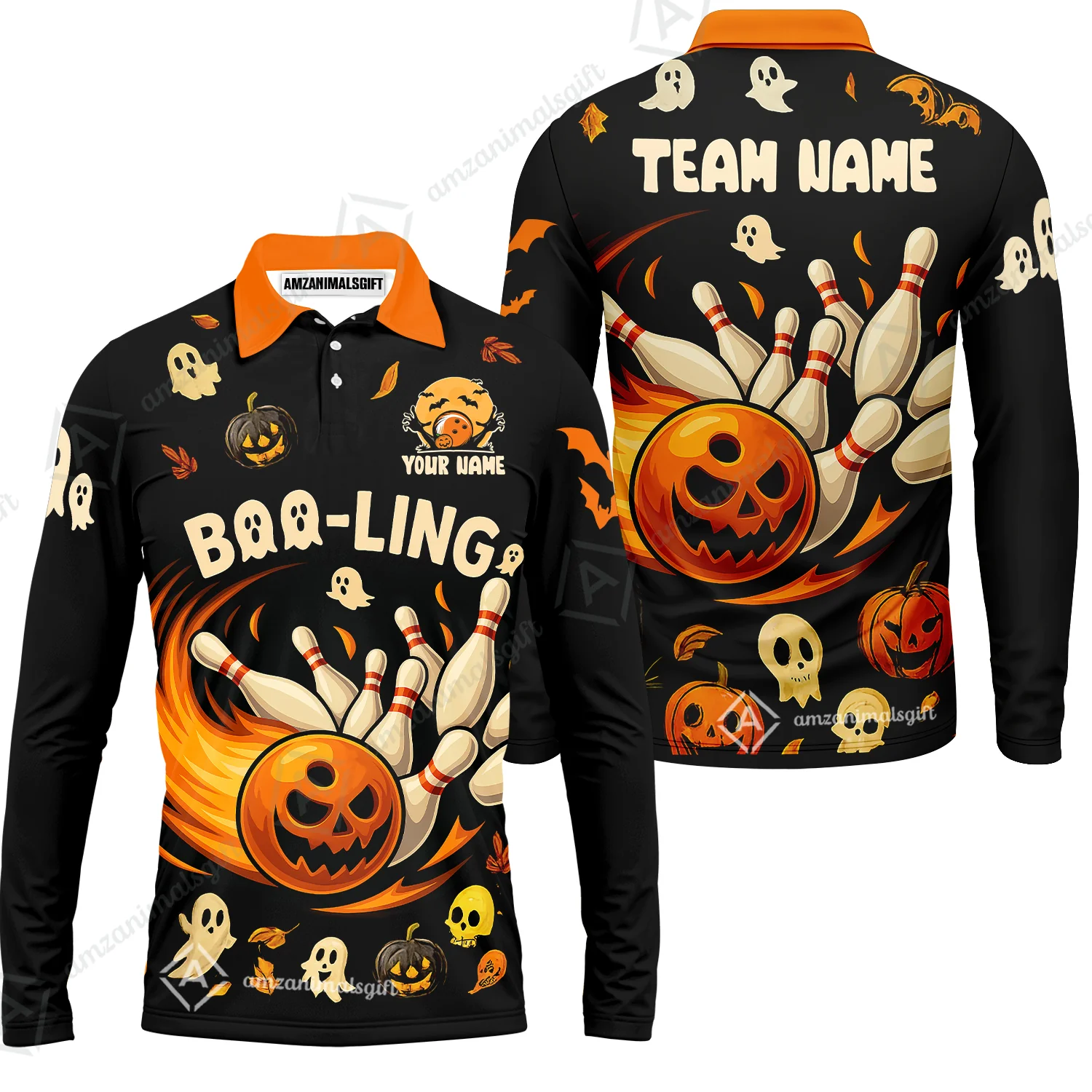 Customized Bowling Team Polo Jersey, Bowling Halloween Pumpkin Booling Style Uniform Shirt For Bowlers - Image 8