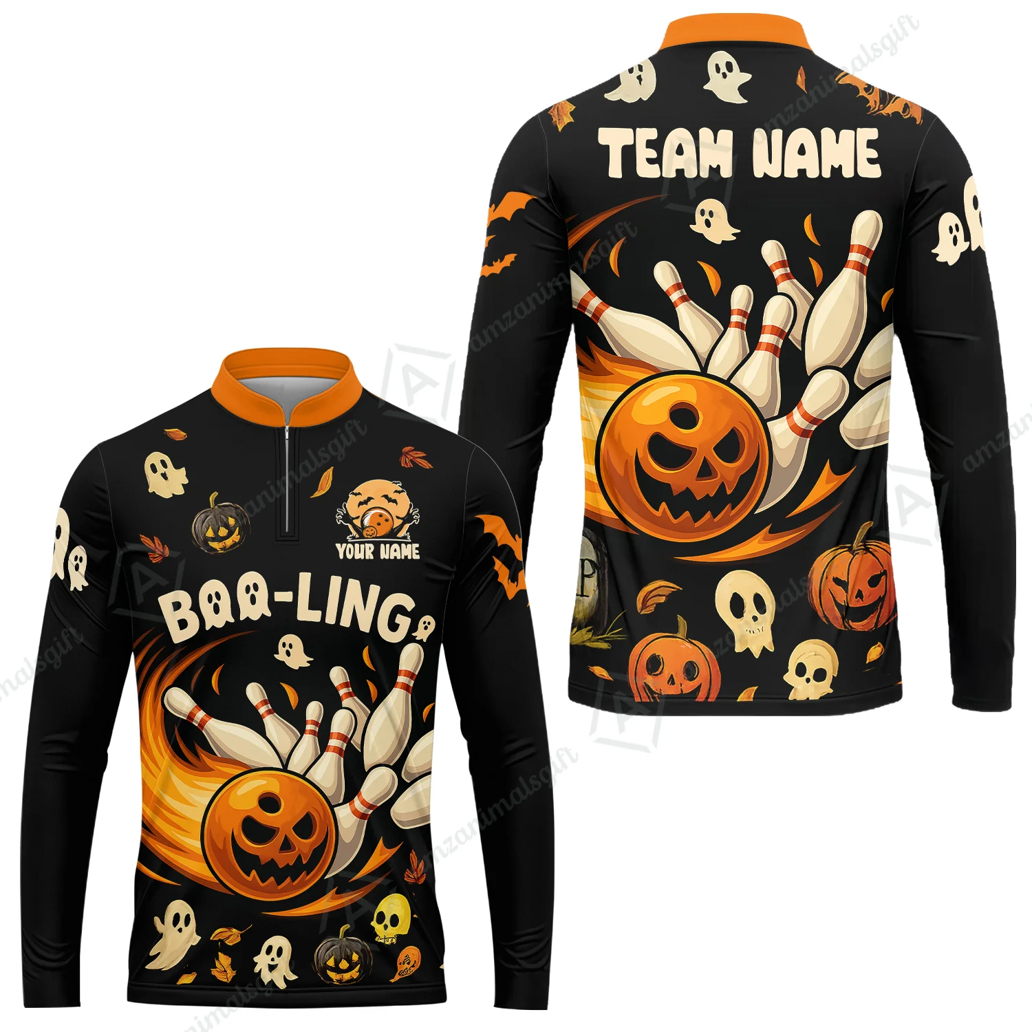 Customized Bowling Team Polo Jersey, Bowling Halloween Pumpkin Booling Style Uniform Shirt For Bowlers - Image 9