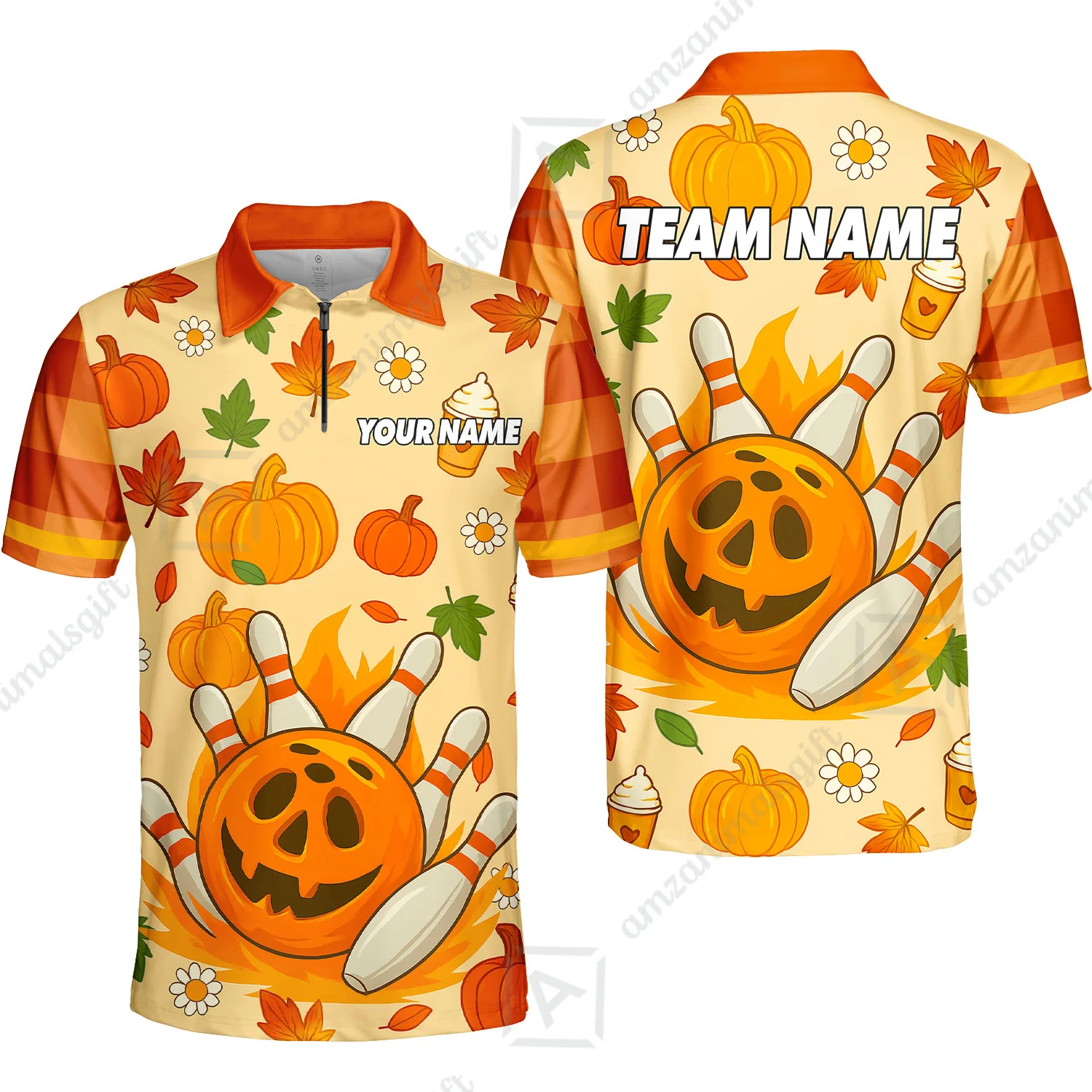 Customized Bowling Team Polo Jersey, Bowling Halloween Pumpkin Style Uniform Shirt For Bowlers - Image 5