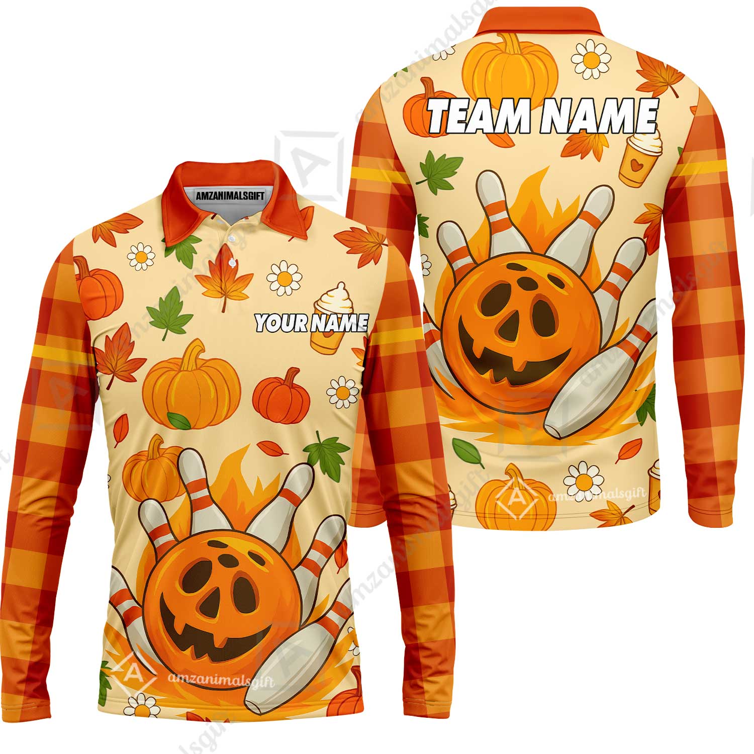 Customized Bowling Team Polo Jersey, Bowling Halloween Pumpkin Style Uniform Shirt For Bowlers - Image 7