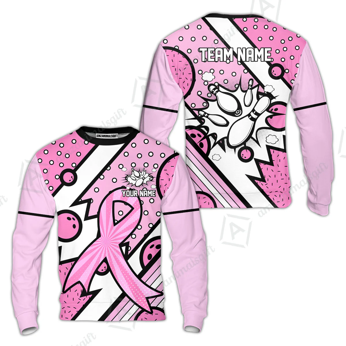 Customized Bowling Team Polo Jersey, Bowling Pink Ribbon Comic Style Uniform Shirt For Bowlers - Image 10