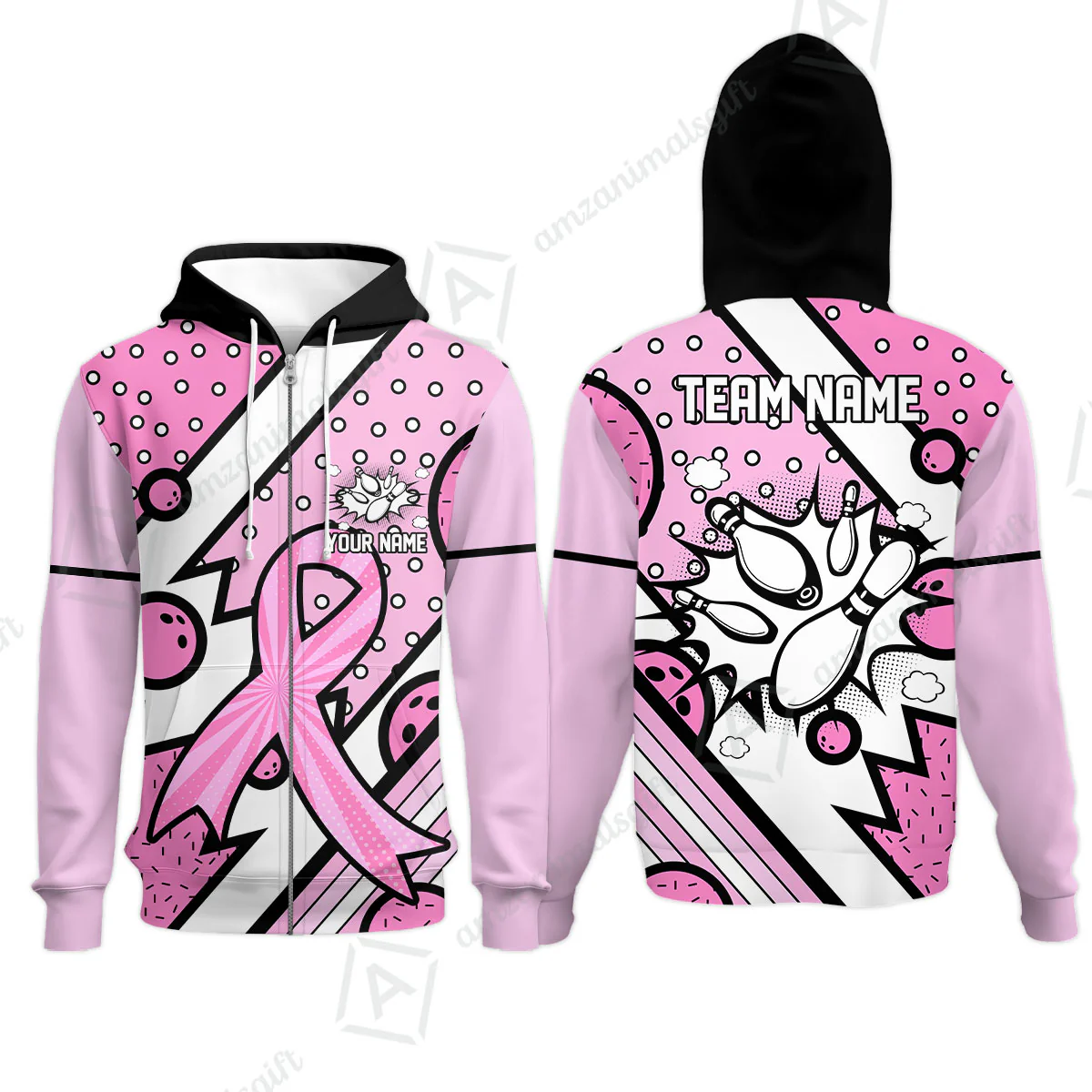 Customized Bowling Team Polo Jersey, Bowling Pink Ribbon Comic Style Uniform Shirt For Bowlers - Image 11