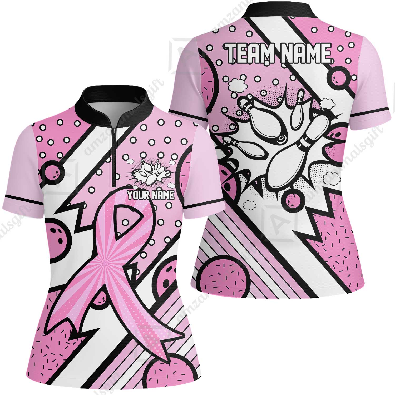 Customized Bowling Team Polo Jersey, Bowling Pink Ribbon Comic Style Uniform Shirt For Bowlers - Image 12