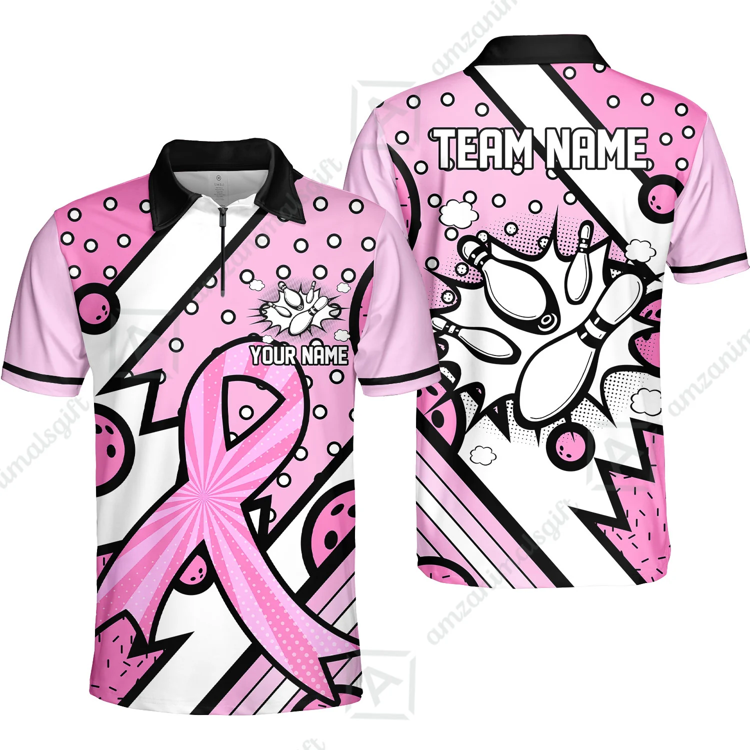 Customized Bowling Team Polo Jersey, Bowling Pink Ribbon Comic Style Uniform Shirt For Bowlers - Image 5