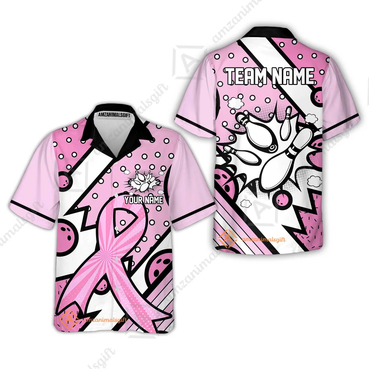 Customized Bowling Team Polo Jersey, Bowling Pink Ribbon Comic Style Uniform Shirt For Bowlers - Image 6
