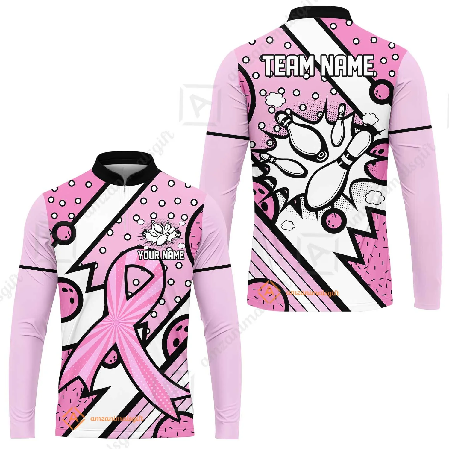Customized Bowling Team Polo Jersey, Bowling Pink Ribbon Comic Style Uniform Shirt For Bowlers - Image 7