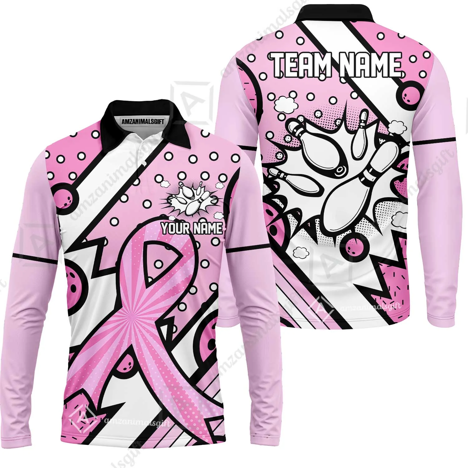 Customized Bowling Team Polo Jersey, Bowling Pink Ribbon Comic Style Uniform Shirt For Bowlers - Image 8