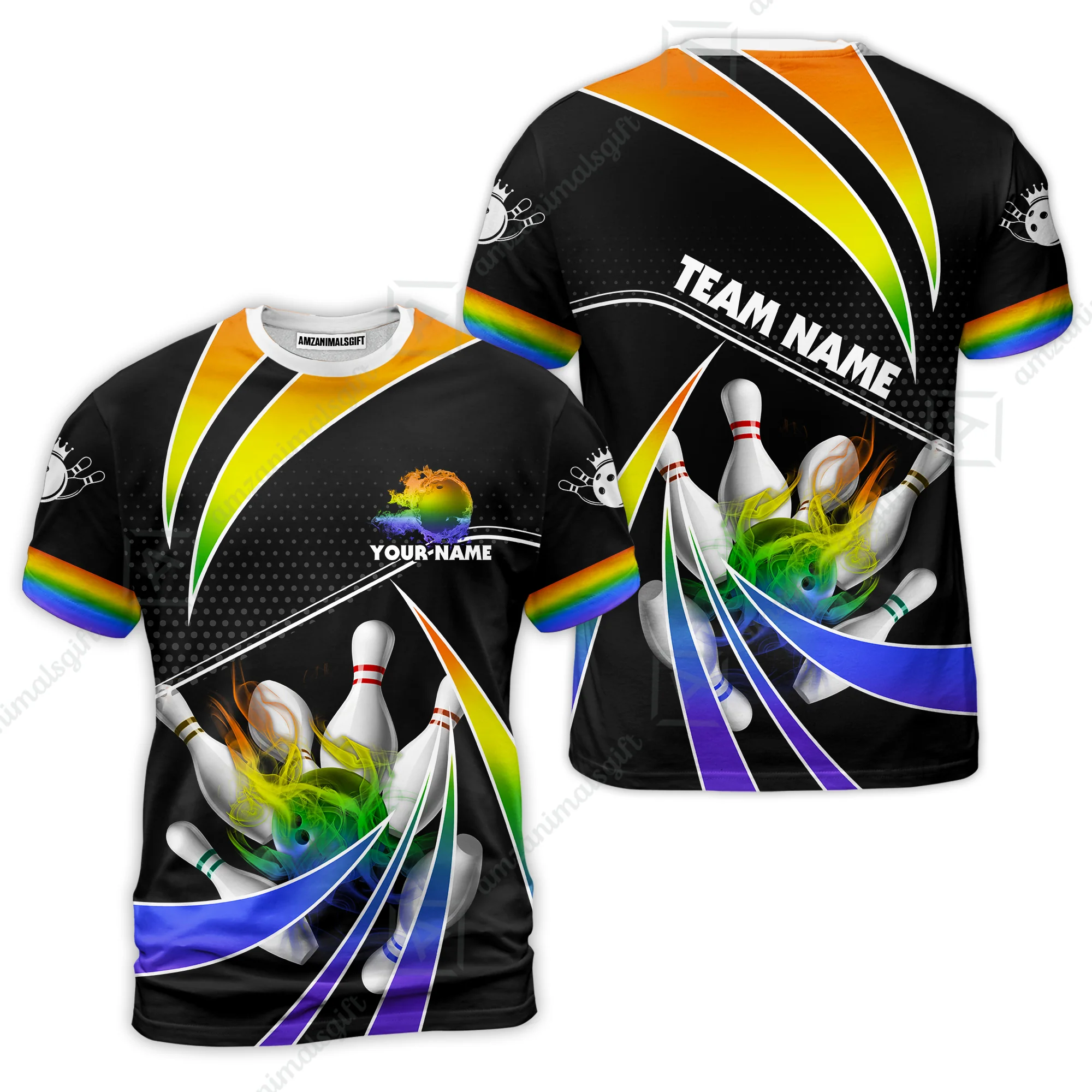 Customized Bowling Team T-Shirt, Bowling Ball & Pins Fire Light Sport T-Shirt Multicolor Option For Bowlers - Image 2