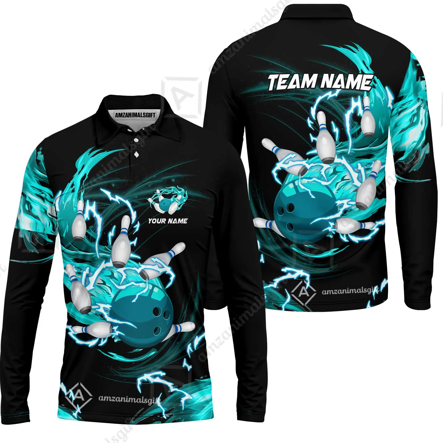 Customized Bowling Thunder Flame Long Sleeve Polo Shirt , Bowling Ball & Pins Breath Of Thunder Flame Multicolor Option, Perfect Outfit For Bowlers - Image 2