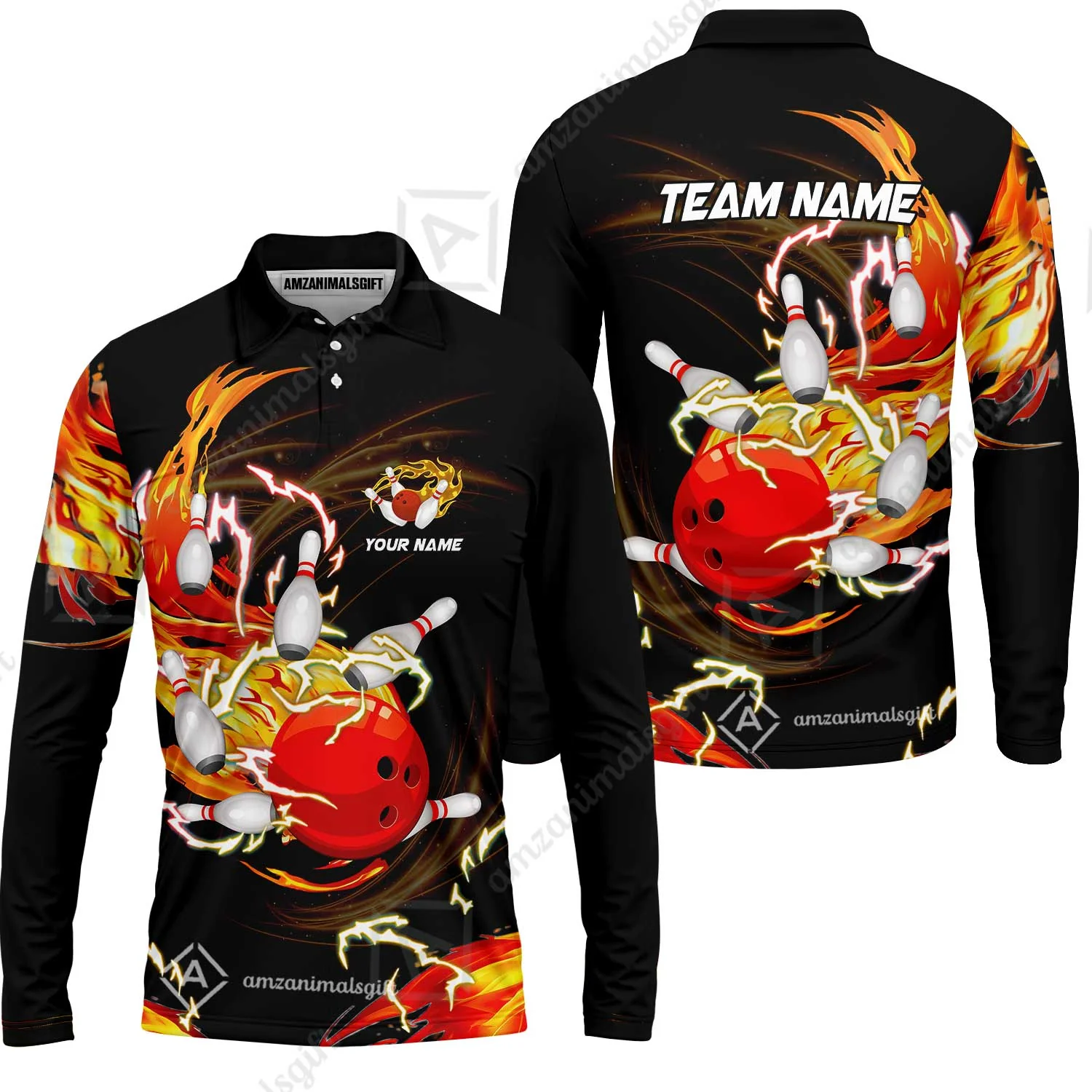 Customized Bowling Thunder Flame Long Sleeve Polo Shirt , Bowling Ball & Pins Breath Of Thunder Flame Multicolor Option, Perfect Outfit For Bowlers - Image 3