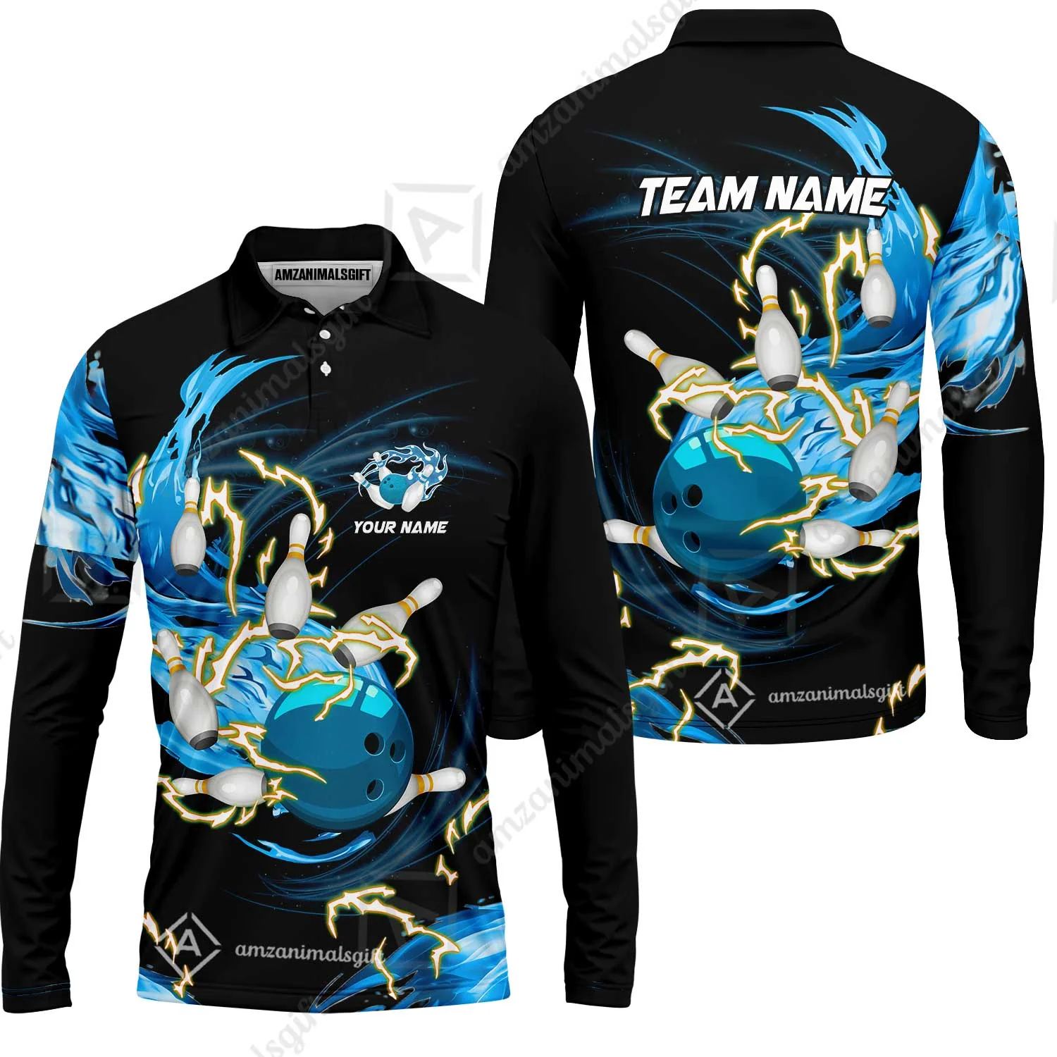 Customized Bowling Thunder Flame Long Sleeve Polo Shirt , Bowling Ball & Pins Breath Of Thunder Flame Multicolor Option, Perfect Outfit For Bowlers - Image 4