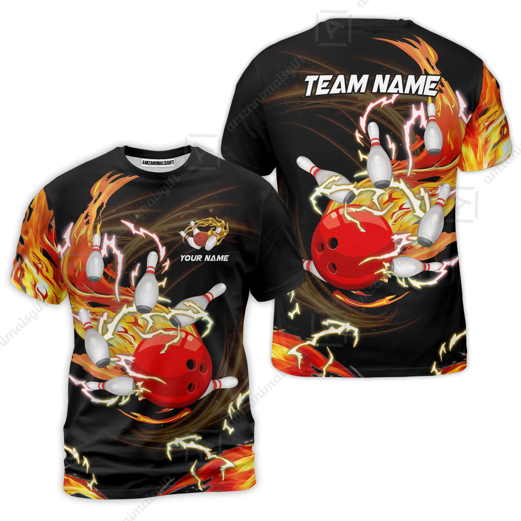 Customized Bowling Thunder Flame T-Shirts, Bowling Ball & Pins Breath Of Thunder Flame Multicolor Option, Perfect Outfit For Bowlers - Image 3
