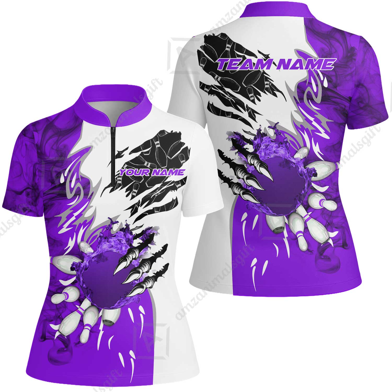 Customized Bowling Women Jersey Shirt, Bowling And Pins Plame Monster Hand Premium Multicolor Option Personalized Name And Team Zipper Polo Jerseys Shirts - Image 2