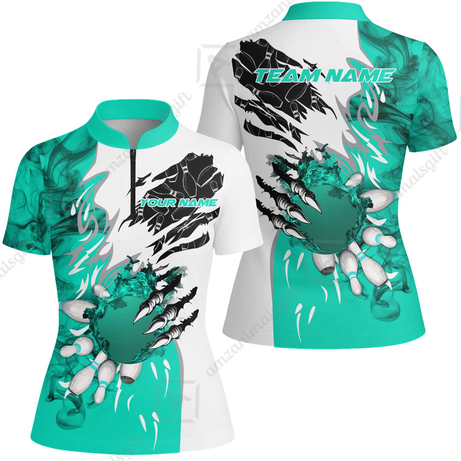 Customized Bowling Women Jersey Shirt, Bowling And Pins Plame Monster Hand Premium Multicolor Option Personalized Name And Team Zipper Polo Jerseys Shirts - Image 4