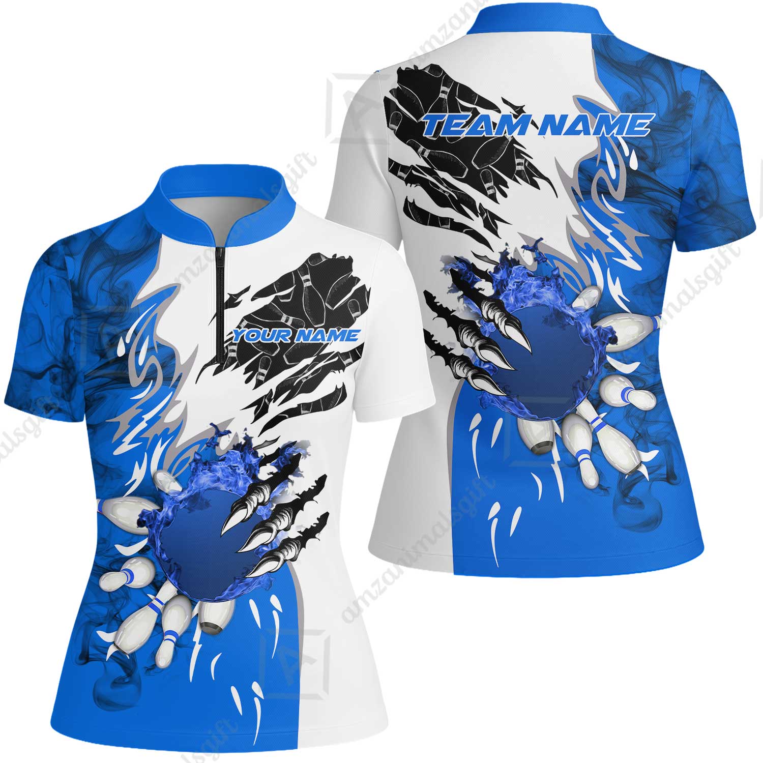 Customized Bowling Women Jersey Shirt, Bowling And Pins Plame Monster Hand Premium Multicolor Option Personalized Name And Team Zipper Polo Jerseys Shirts - Image 5