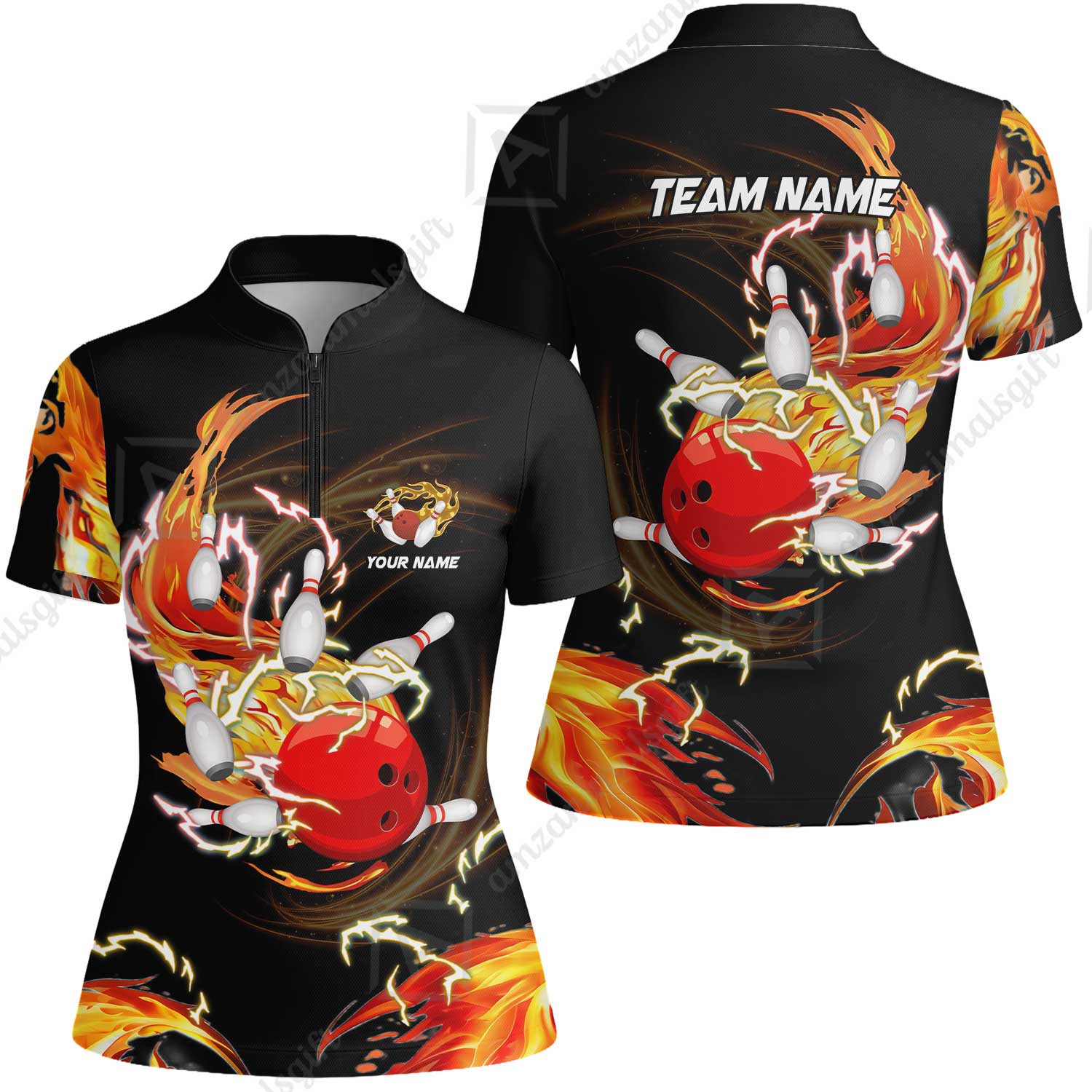 Customized Bowling Women Jersey Shirt, Bowling Ball & Pins Breath Of Thunder Flame Multicolor Option, Perfect Outfit For Bowlers - Image 3