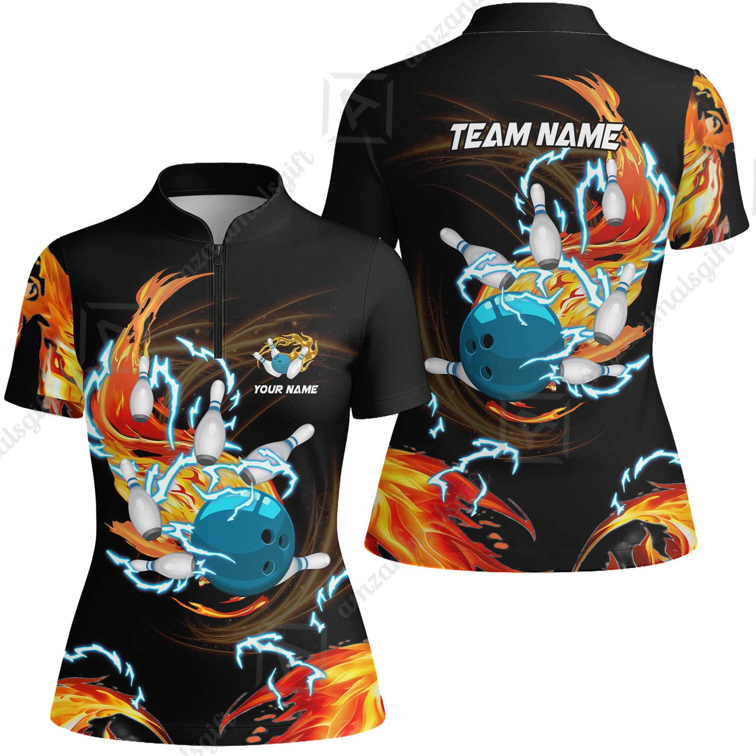 Customized Bowling Women Jersey Shirt, Bowling Ball & Pins Breath Of Thunder Flame Multicolor Option, Perfect Outfit For Bowlers - Image 4