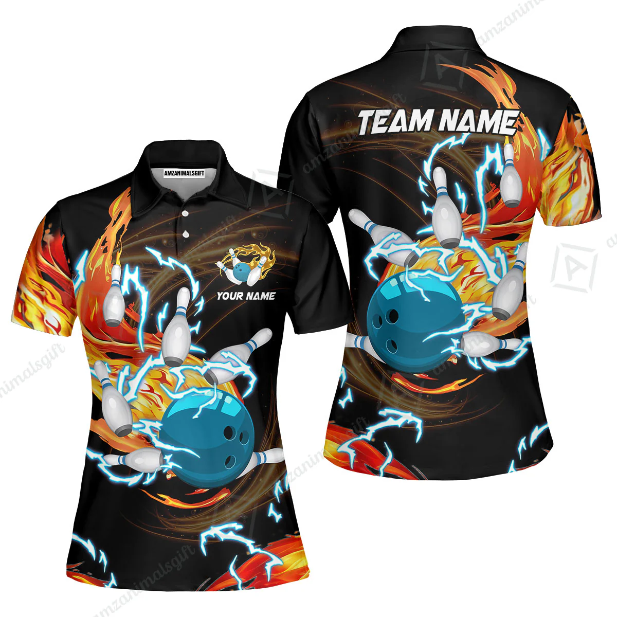 Customized Bowling Women Polo Shirts, Bowling Ball & Pins Breath Of Thunder Flame Multicolor Option, Perfect Outfit For Bowlers - Image 3