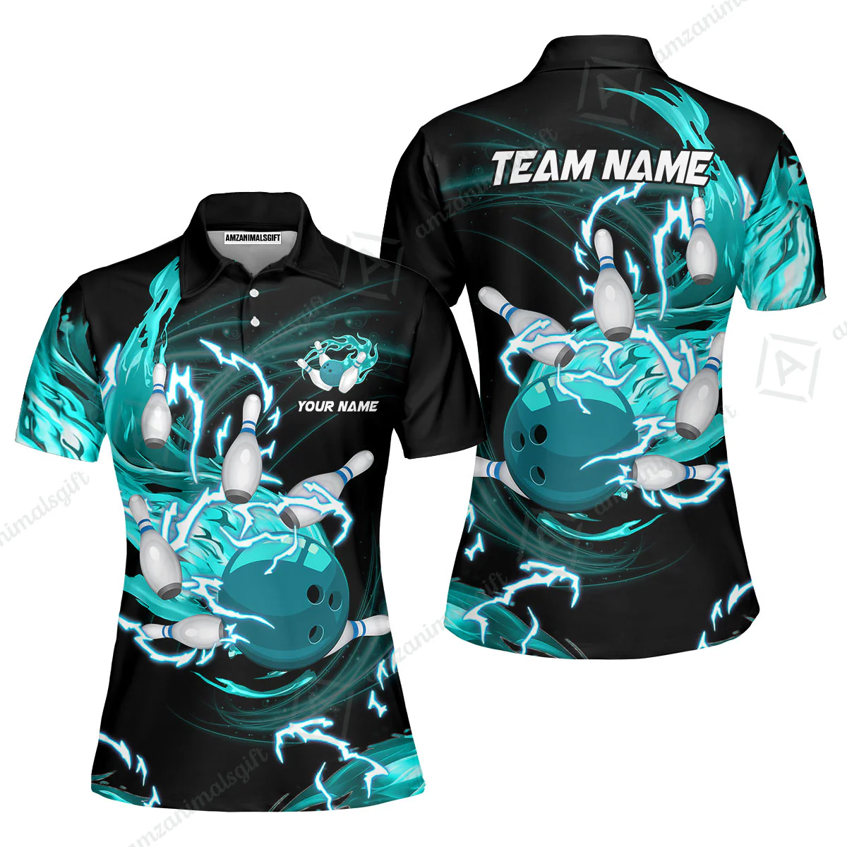 Customized Bowling Women Polo Shirts, Bowling Ball & Pins Breath Of Thunder Flame Multicolor Option, Perfect Outfit For Bowlers - Image 4