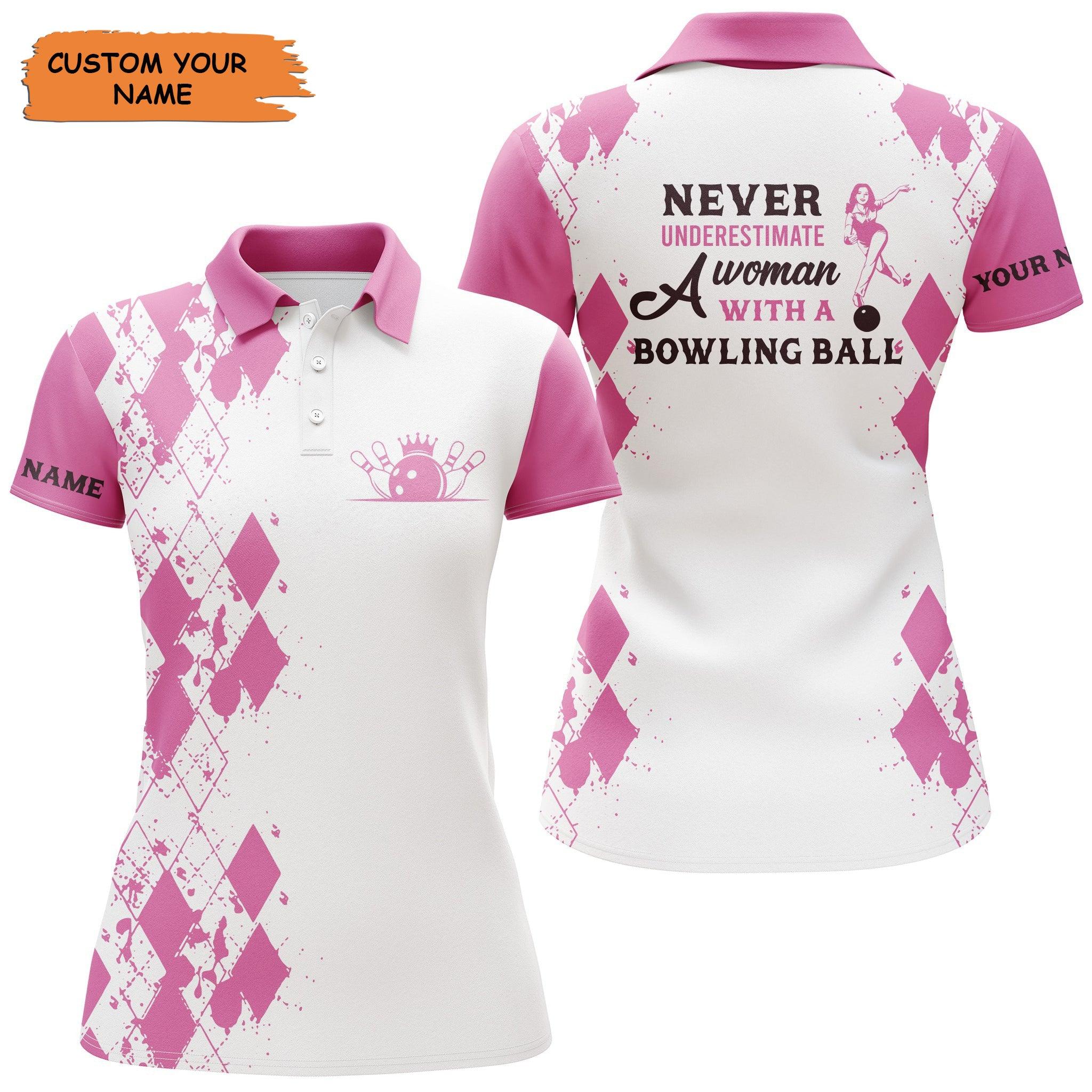 Customized Bowling Women Polo Shirts, Pink White Shirts Personalized A Woman With A Bowling Ball - Perfect Gift For Bowling Lovers, Bowlers