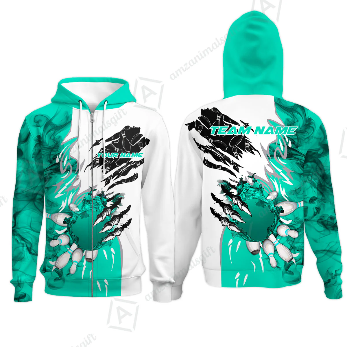 Customized Bowling Zip Hoodie, Bowling And Pins Plame Monster Hand Premium Multicolor Option Personalized Name And Team Zipper Polo Jerseys Shirts - Image 2