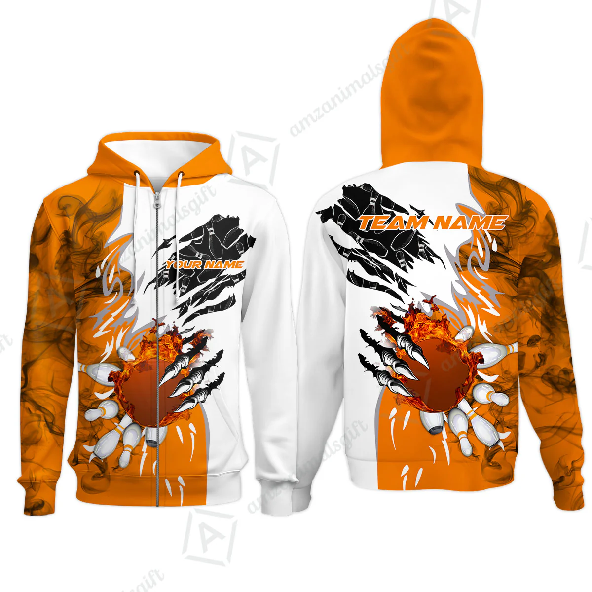 Customized Bowling Zip Hoodie, Bowling And Pins Plame Monster Hand Premium Multicolor Option Personalized Name And Team Zipper Polo Jerseys Shirts - Image 5