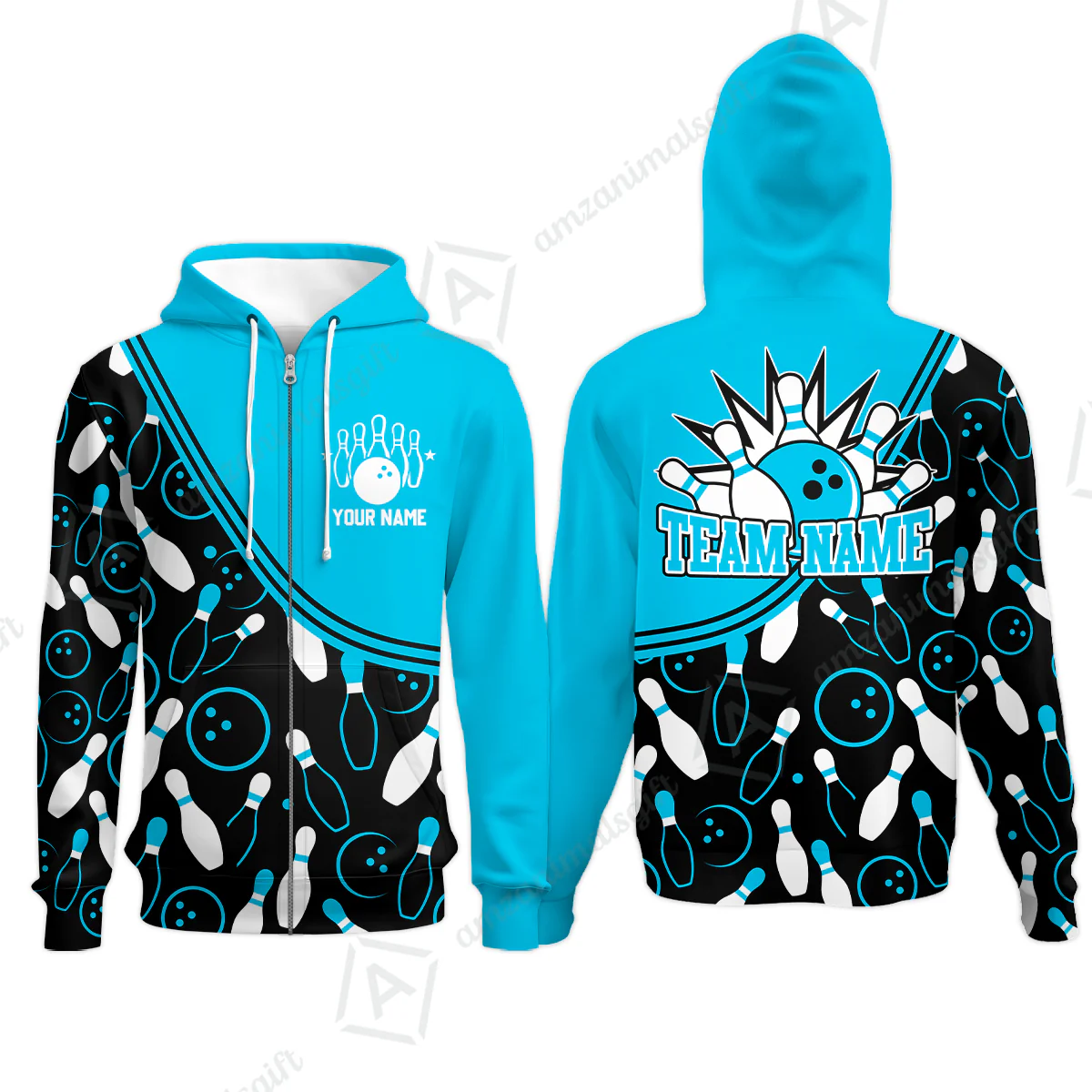 Customized Bowling Zip Hoodie, Custom Multicolor Bowling Style Uniform Zip Hoodie For Bowlers - Image 2