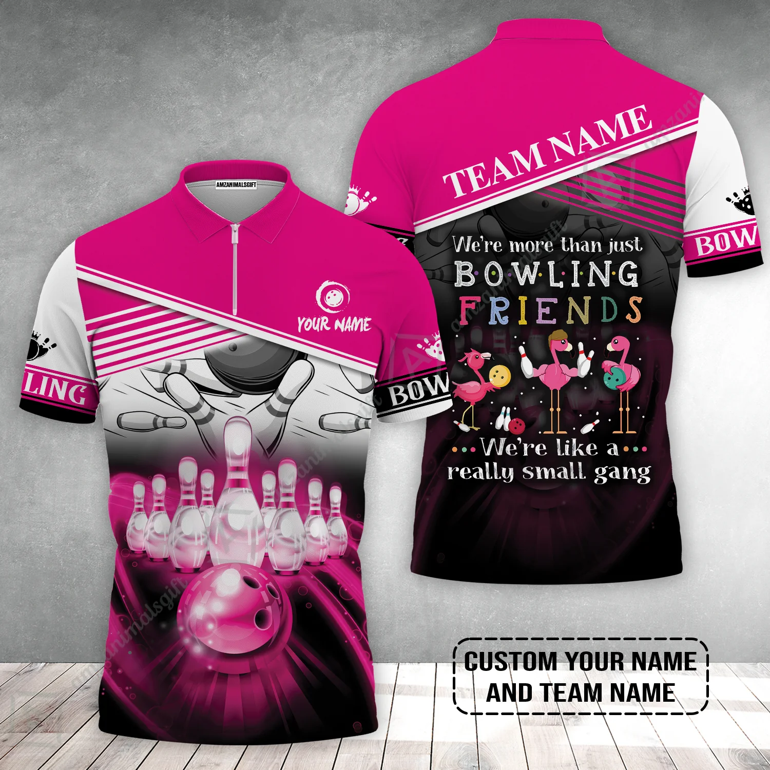 Customized Bowling Zip Polo Shirt, Flamingo Personalized Bowling Team We're Like A Really Small Gang Bowling Zip Polo Shirt - Image 2