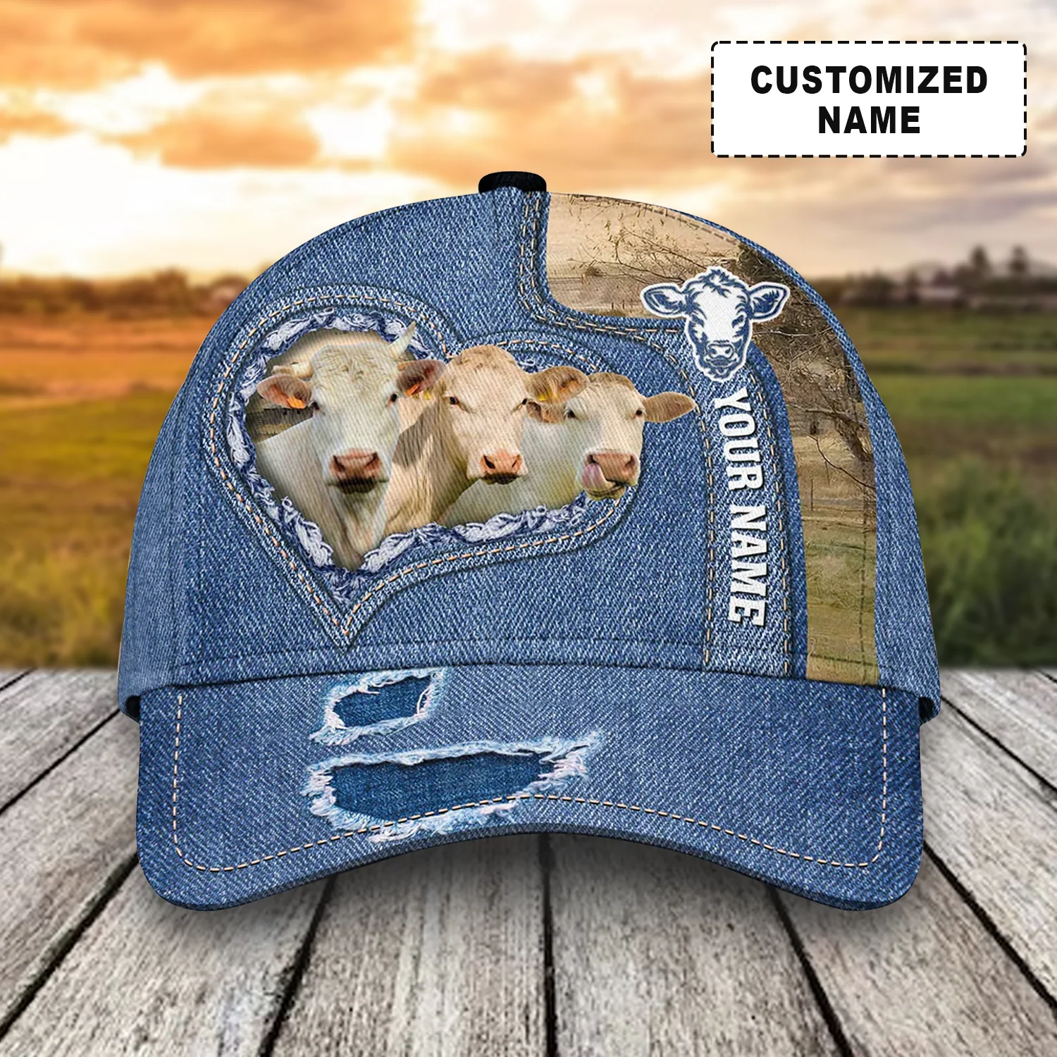 Customized Charolais Cattle Cow Caps, Charolais Cow And Denim Pattern Hats, Best Farm Hat For Men Women Farmer
