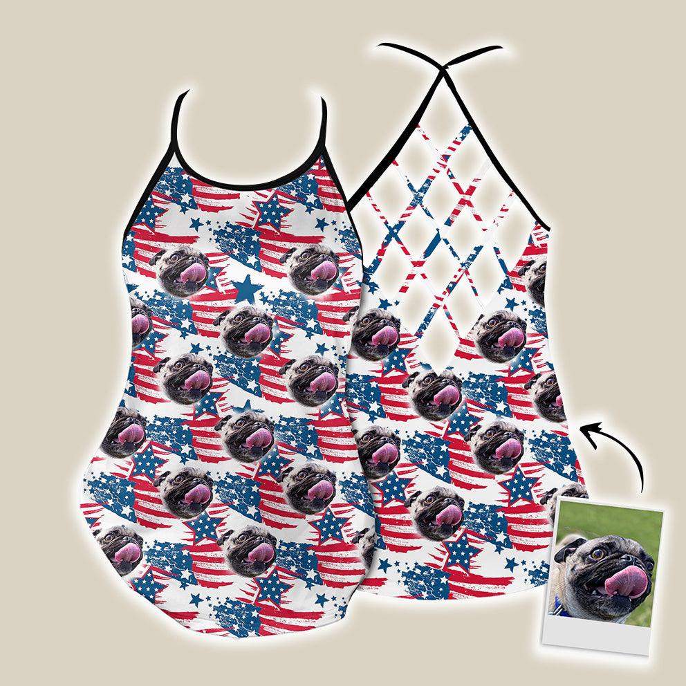 Customized Criss Cross Tank Top With Pet Face - American Flag Pattern Open Back Tank Top - Gift For Women, Pet Lovers, Puppy Lovers - Image 2
