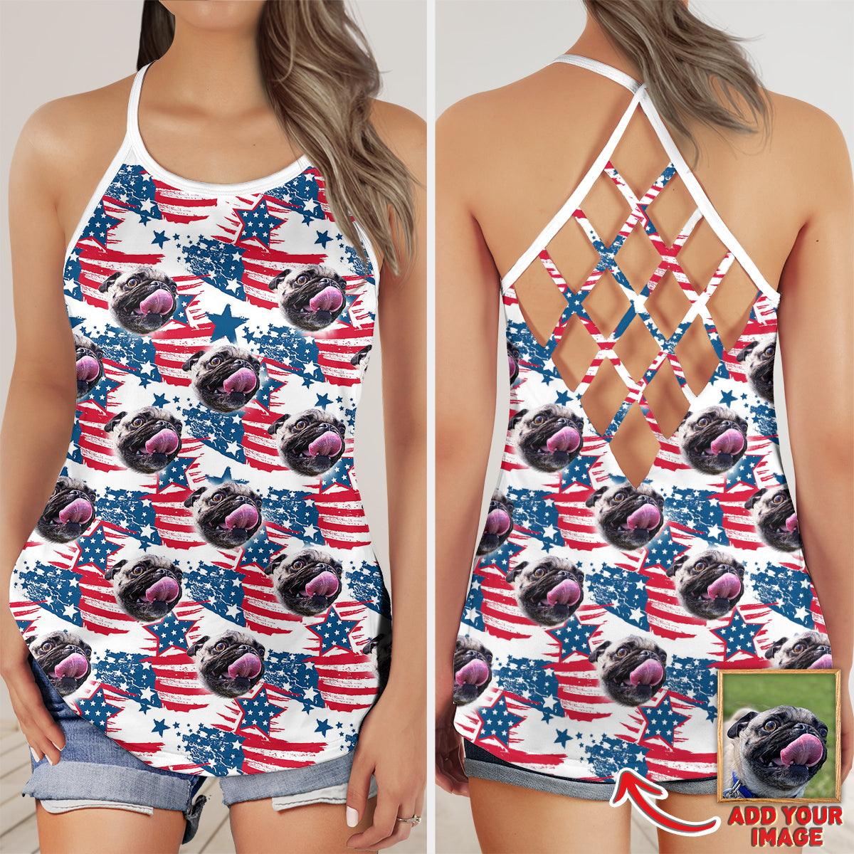 Customized Criss Cross Tank Top With Pet Face - American Flag Pattern Open Back Tank Top - Gift For Women, Pet Lovers, Puppy Lovers - Image 3