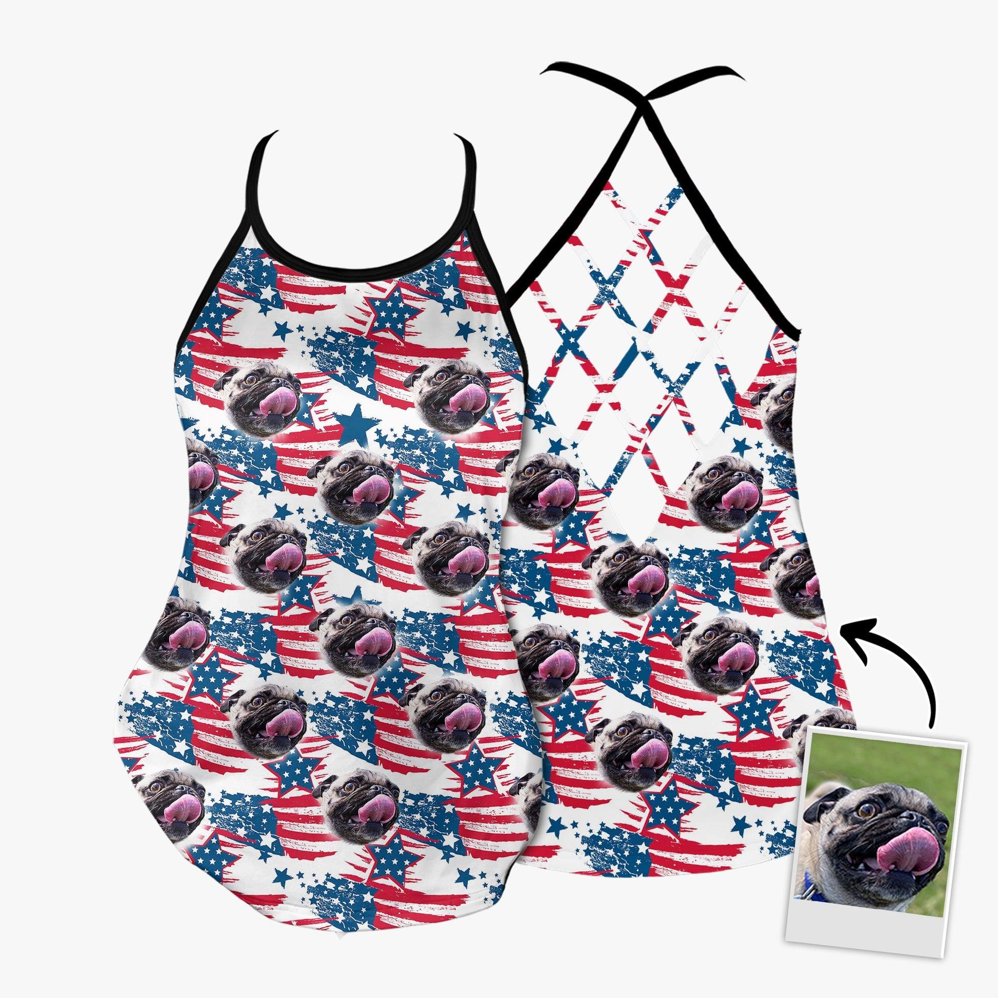 Customized Criss Cross Tank Top With Pet Face - American Flag Pattern Open Back Tank Top - Gift For Women, Pet Lovers, Puppy Lovers - Image 4