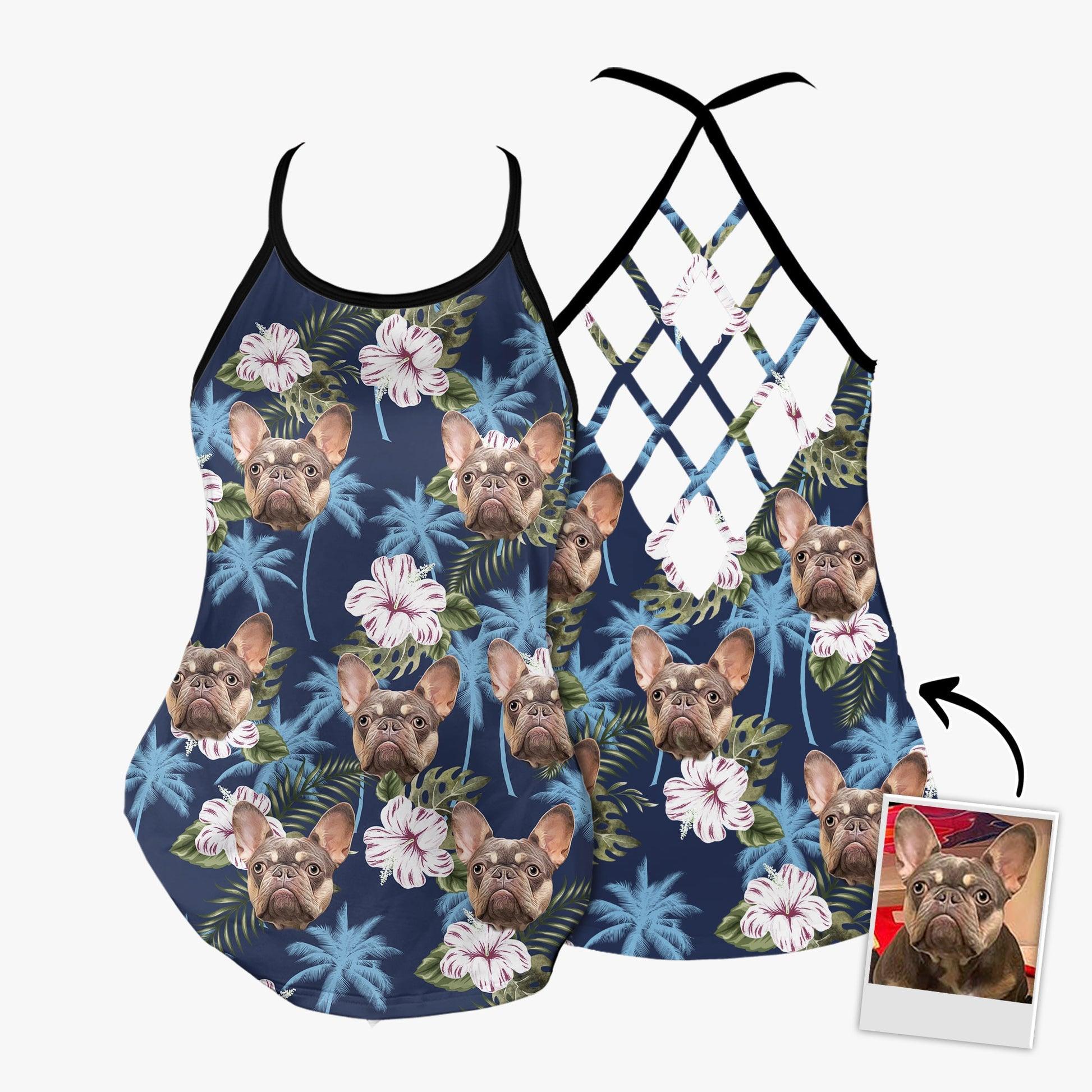 Customized Criss Cross Tank Top With Pet Face - Tropical Blue Palm Tree Pattern Open Back Tank Top - Gift For Women, Pet Lovers - Image 4