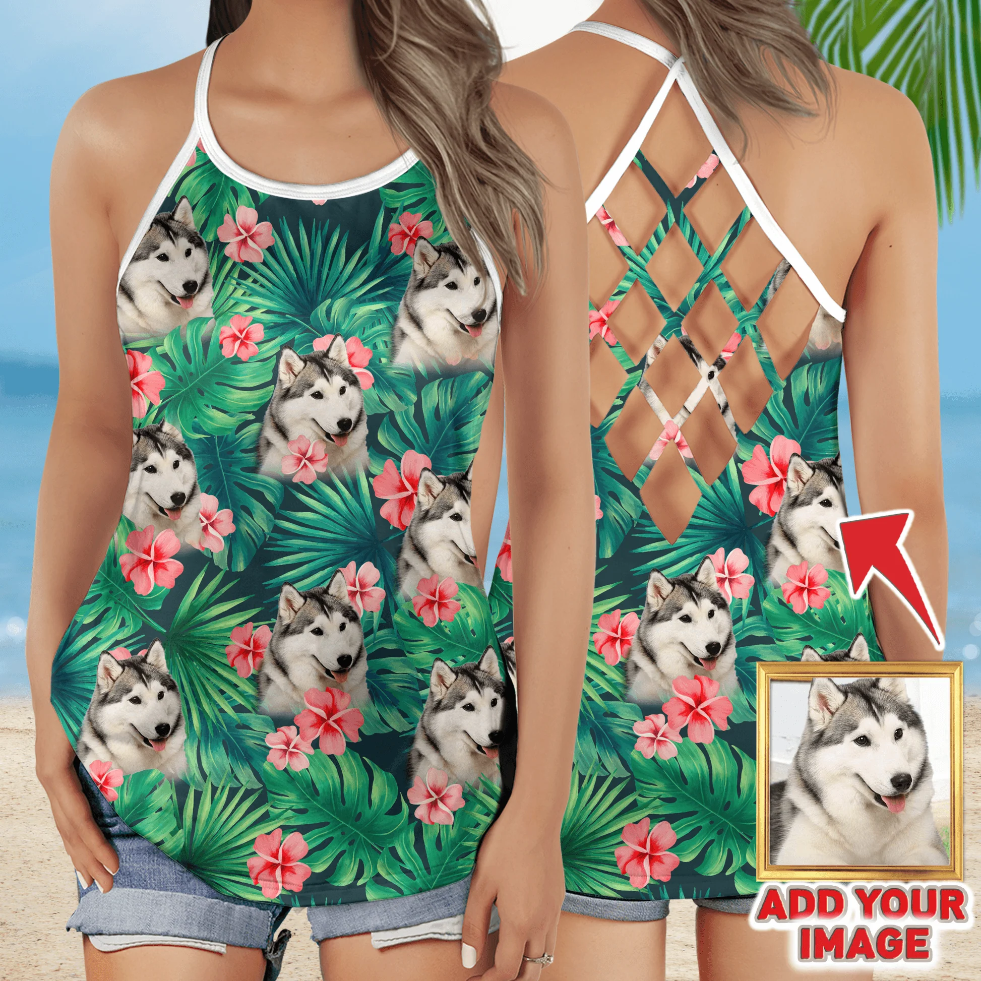 Customized Criss Cross Tank Top With Pet Face - Tropical Floral And Leaves Criss Cross Open Back Tank Top - Gift For Women, Pet Lovers - Image 4