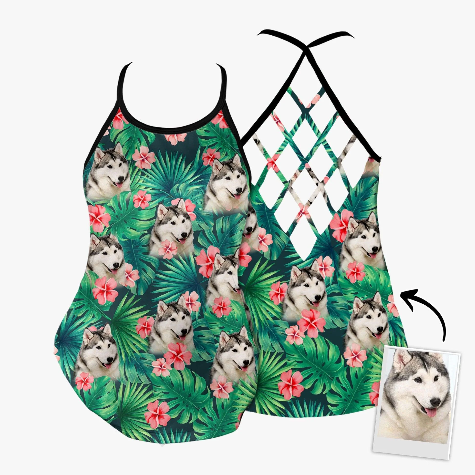 Customized Criss Cross Tank Top With Pet Face - Tropical Floral And Leaves Criss Cross Open Back Tank Top - Gift For Women, Pet Lovers - Image 5