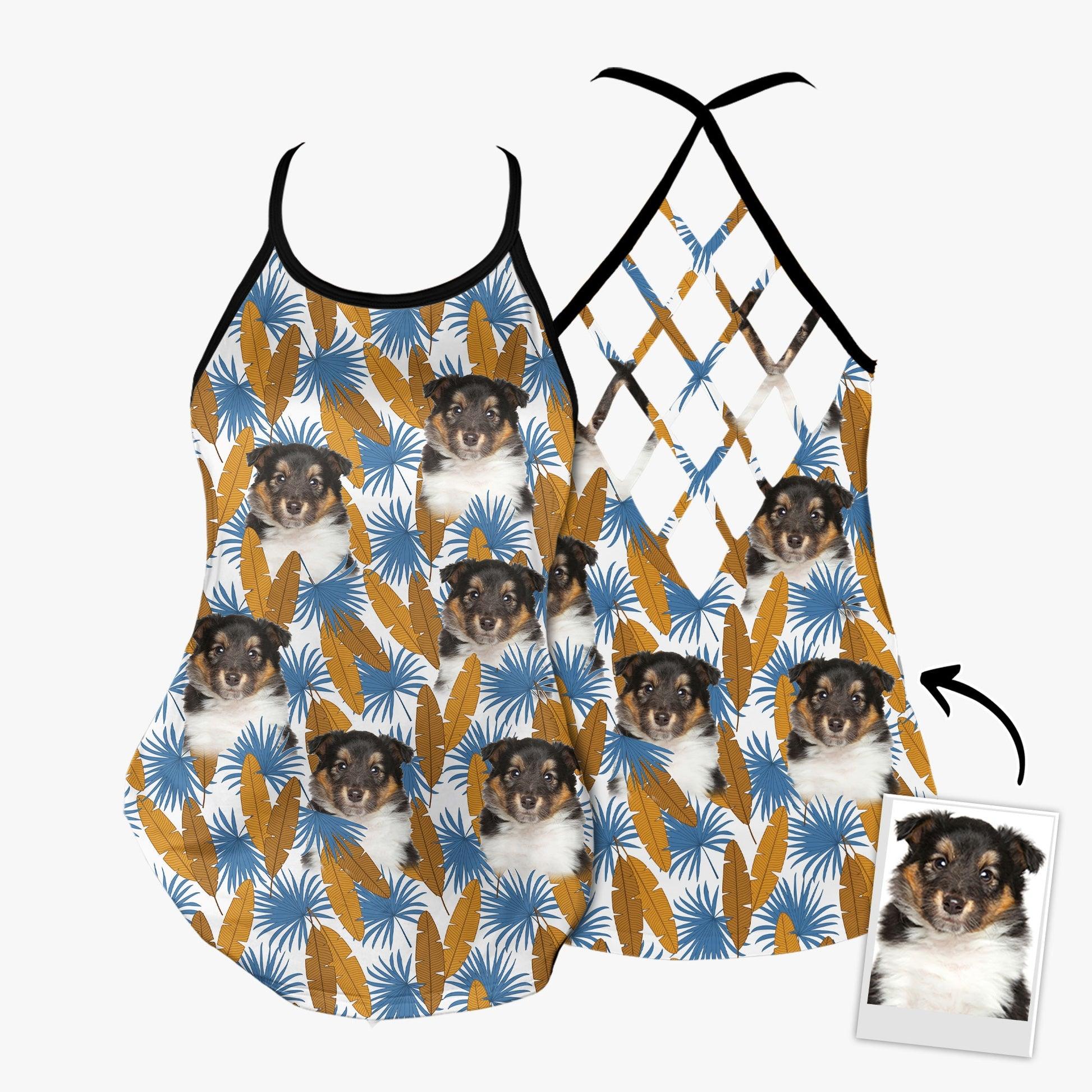 Customized Criss Cross Tank Top With Pet Face - Tropical Gold & Blue Leaves Open Back Tank Top - Gift For Women, Pet Lovers, Puppy Lovers - Image 4