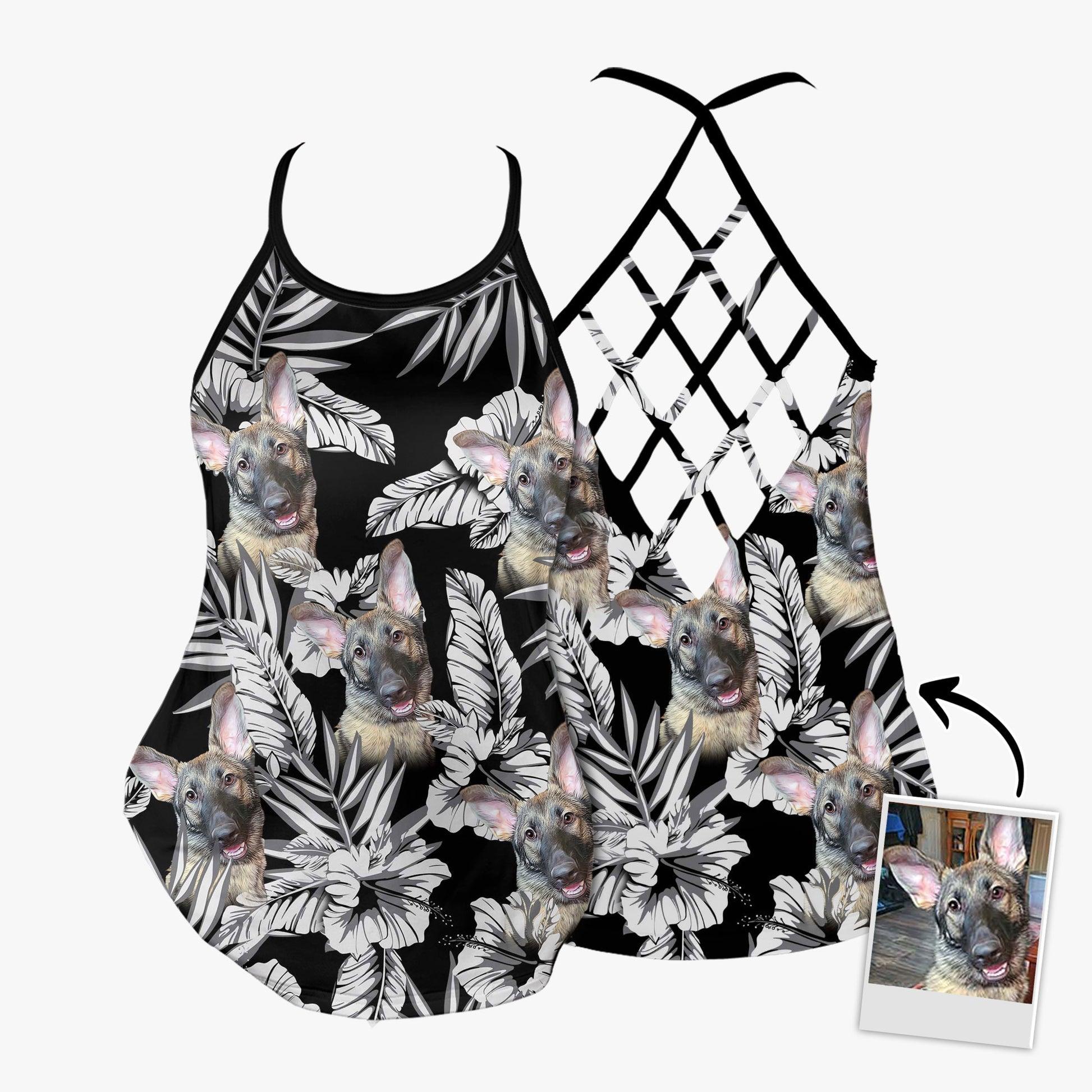 Customized Criss Cross Tank Top With Pet Face - Tropical Hibiscus Flowers Pattern Black Color Open Back Tank Top - Gift For Women, Pet Lovers - Image 4