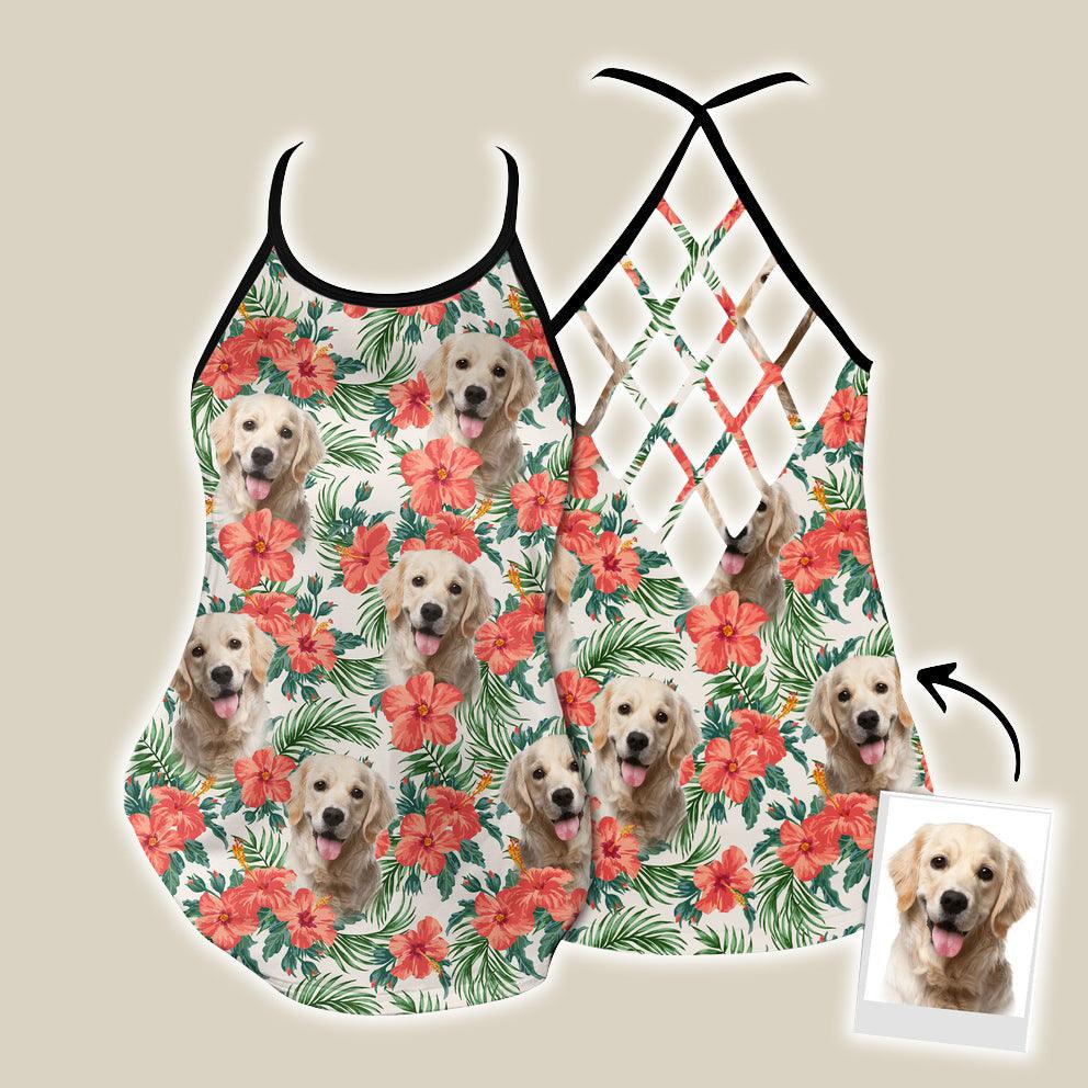 Customized Criss Cross Tank Top With Pet Face - Tropical Summer Red Flower Leave Pattern Criss Cross Open Back Tank Top - Gift For Women, Pet Lovers - Image 2